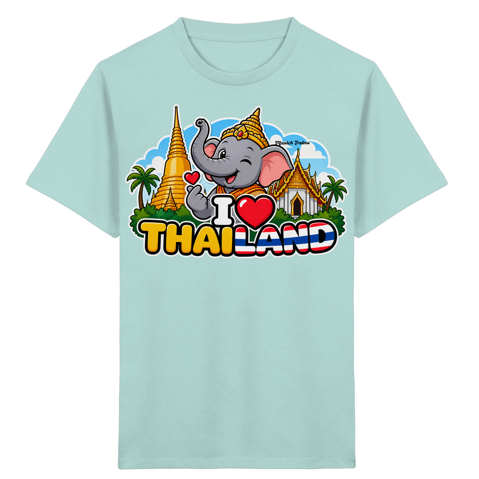 Lächelnder Elefant auf einem Kinderorganik-Shirt in Karibikblau mit Thailand-Design, von Online Kaufhaus München für Babys und Kinder.