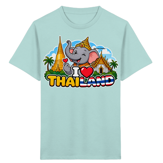 Lächelnder Elefant auf einem Kinderorganik-Shirt in Karibikblau mit Thailand-Design, von Online Kaufhaus München für Babys und Kinder.