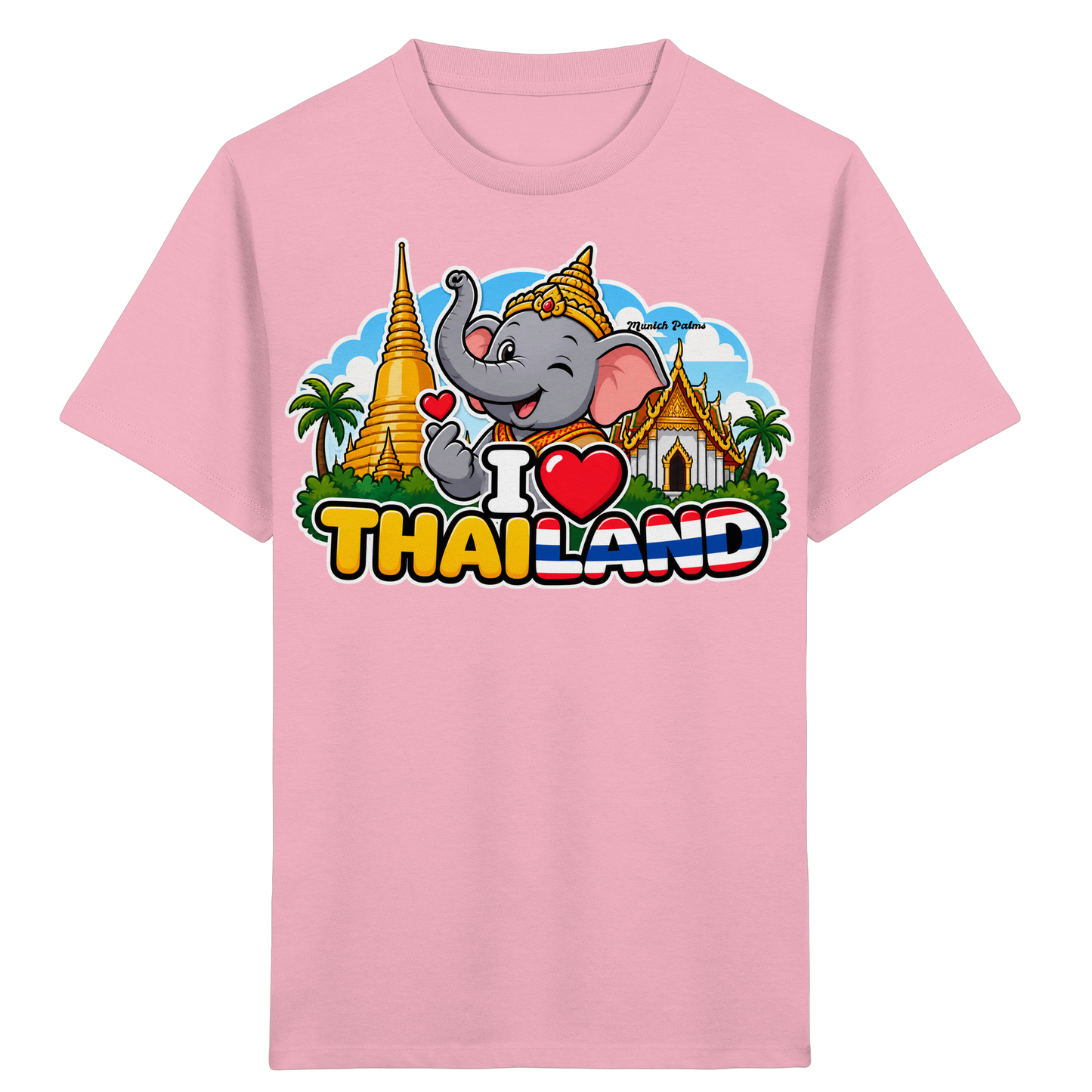 Lächelnder Elefanten-Print auf pinkem Bio-Kinder-Shirt mit Thailand-Motiv, exklusives Design von Munich Palms für Kinder.