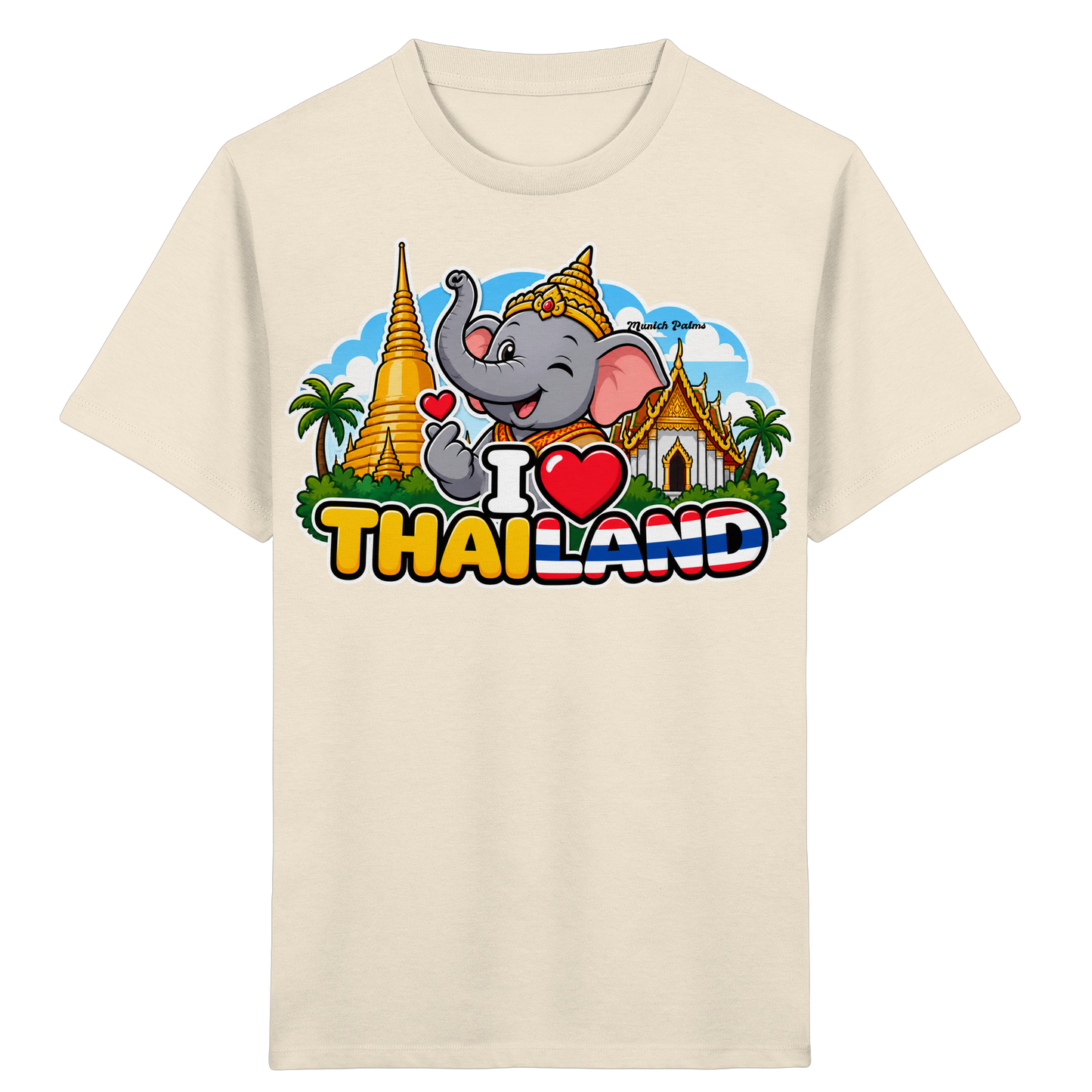 Lächelnder Elefant auf kindergerechtem Bio-Shirt mit Thailand-Motiv, Munich Palms Design, für Kinder und Babys, frontansicht