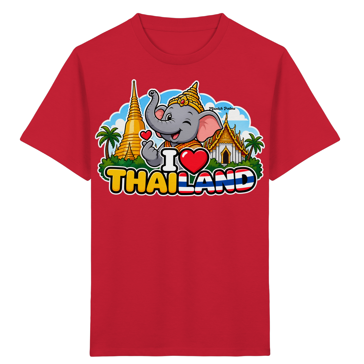 Lächelnder Elefant auf rotem Bio-Kinder-Shirt mit Thailand-Design, kindgerechtes Shirt für Babys und Kinder, Munich Palms Stil