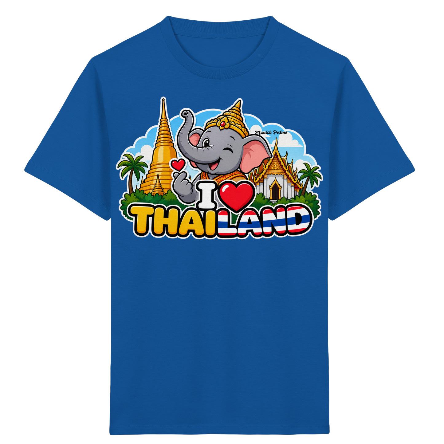 Kinder Bio-Shirt mit lachendem Elefanten und Thailand-Motiv in royalblau, exklusives Munich Palms Design, für Kinder und Babys