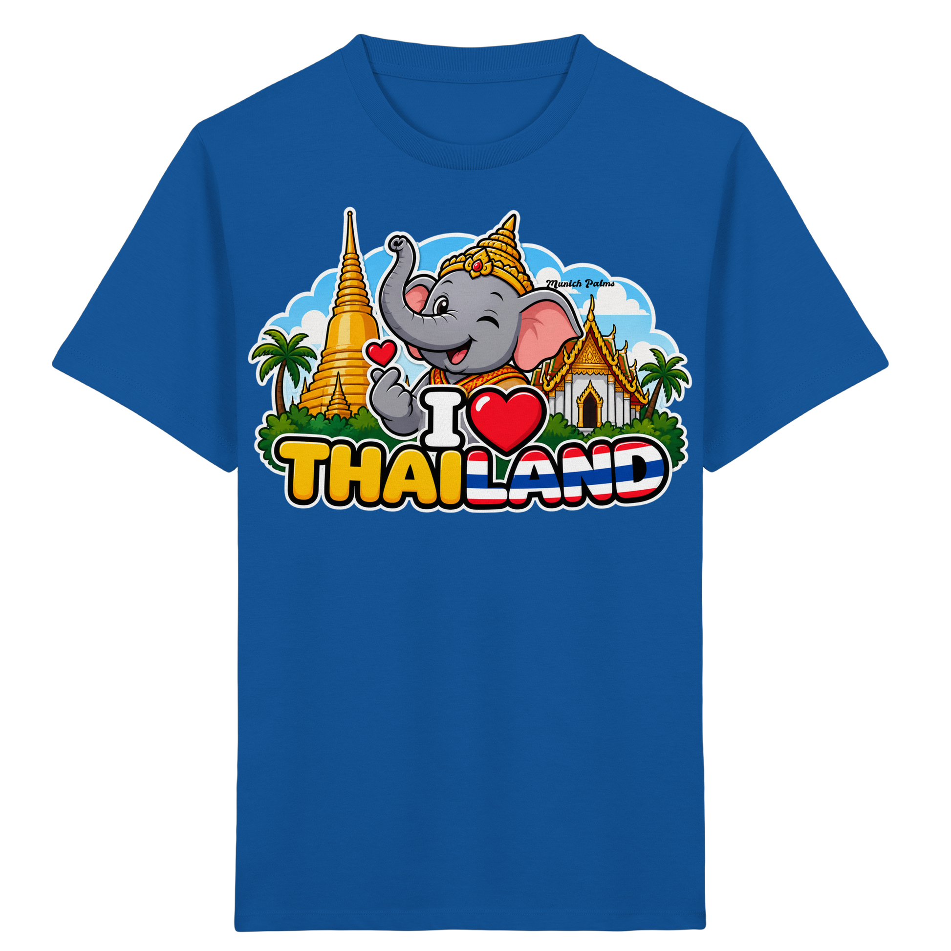 Kinder Bio-Shirt mit lachendem Elefanten und Thailand-Motiv in royalblau, exklusives Munich Palms Design, für Kinder und Babys