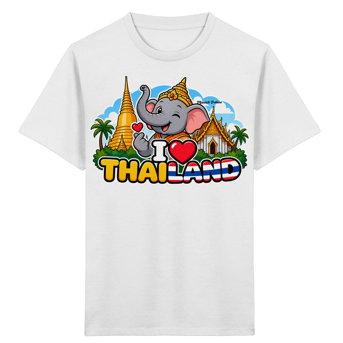 Lächelnder Elefant auf weißem Kinder-Organik-Shirt mit Thailand-Motiv, exklusives Munich Palms Design, für Kids und Babys