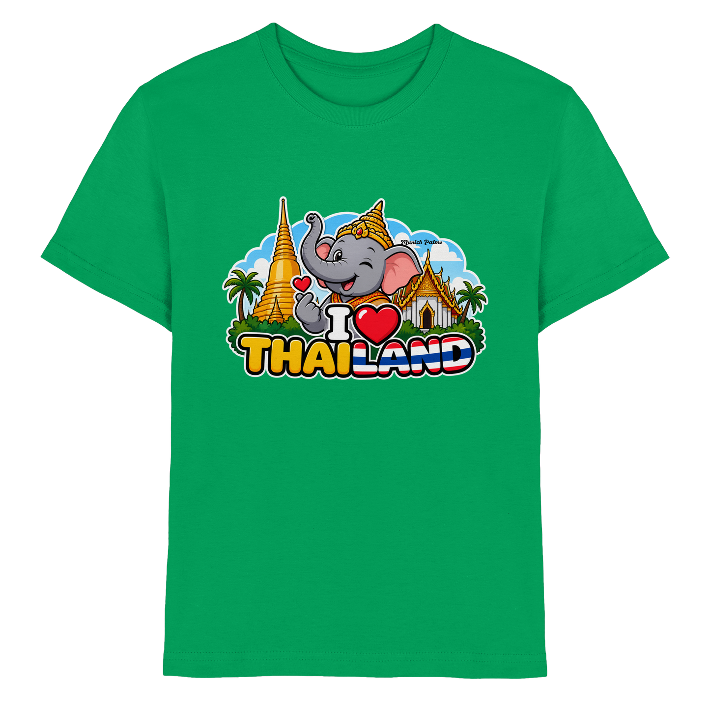 Kinder Premium Shirt mit I Love Thailand Elefanten-Design, grün, lustiges Kinder-T-Shirt mit Elefantenmotiv, Munich Palms Style
