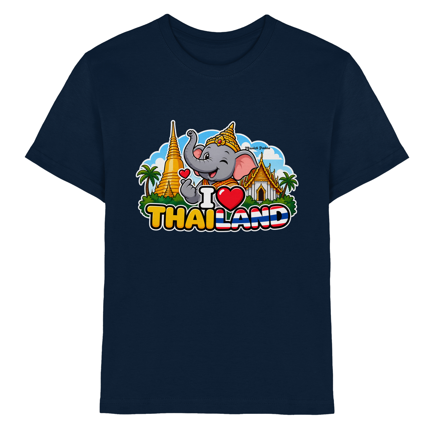 Lächelnder Elefant auf dunklem Kids Premium Shirt mit Thailand-Design, Navy, von Online Kaufhaus München für Kinder und Babys.