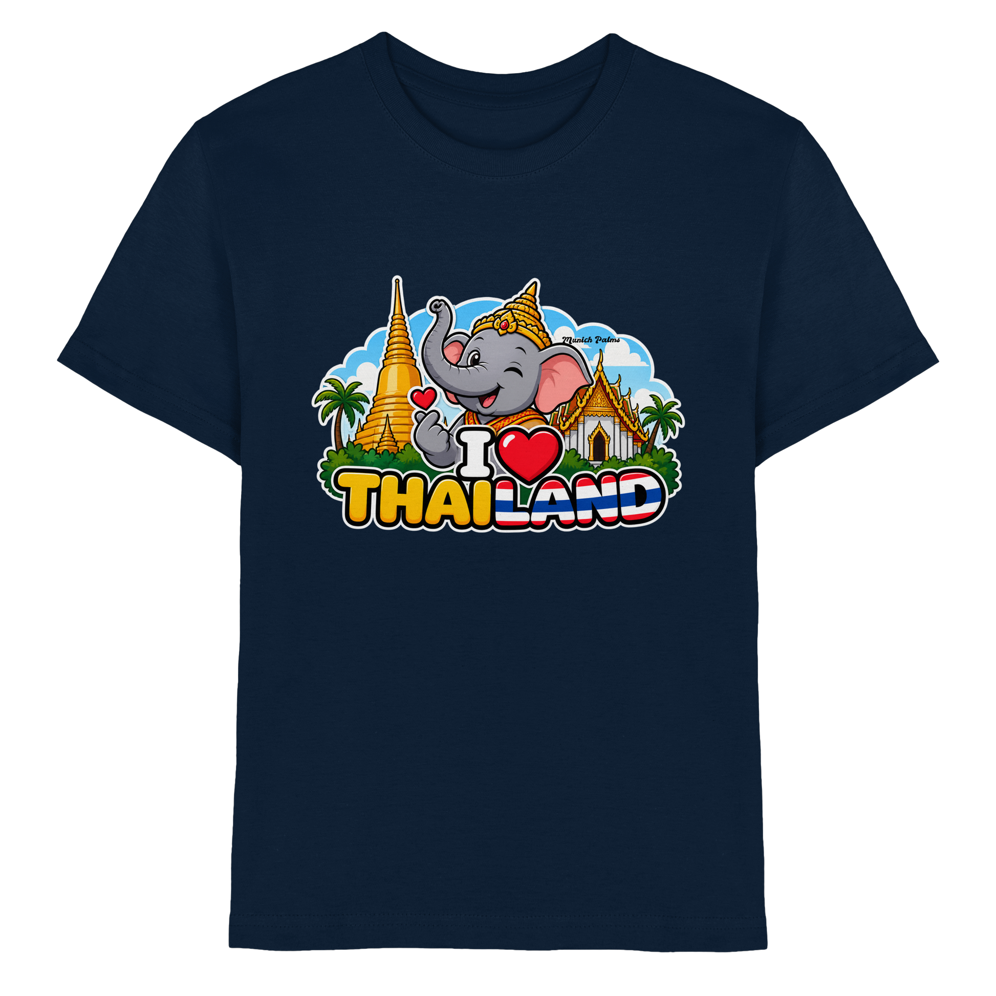 Lächelnder Elefant auf dunklem Kids Premium Shirt mit Thailand-Design, Navy, von Online Kaufhaus München für Kinder und Babys.