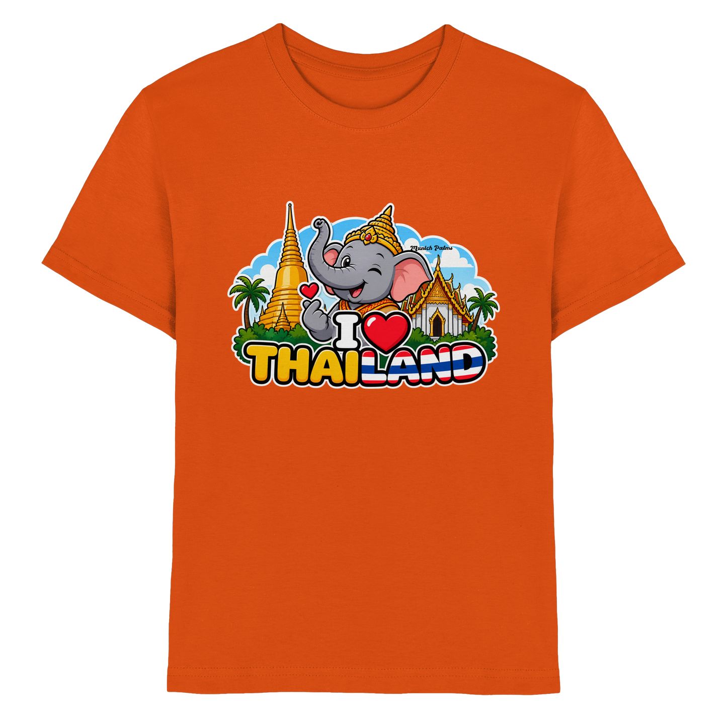 Lächelnder Elefanten-Print auf orangefarbenem Kinder-Premium-Shirt mit Thailand-Design, von Online Kaufhaus München