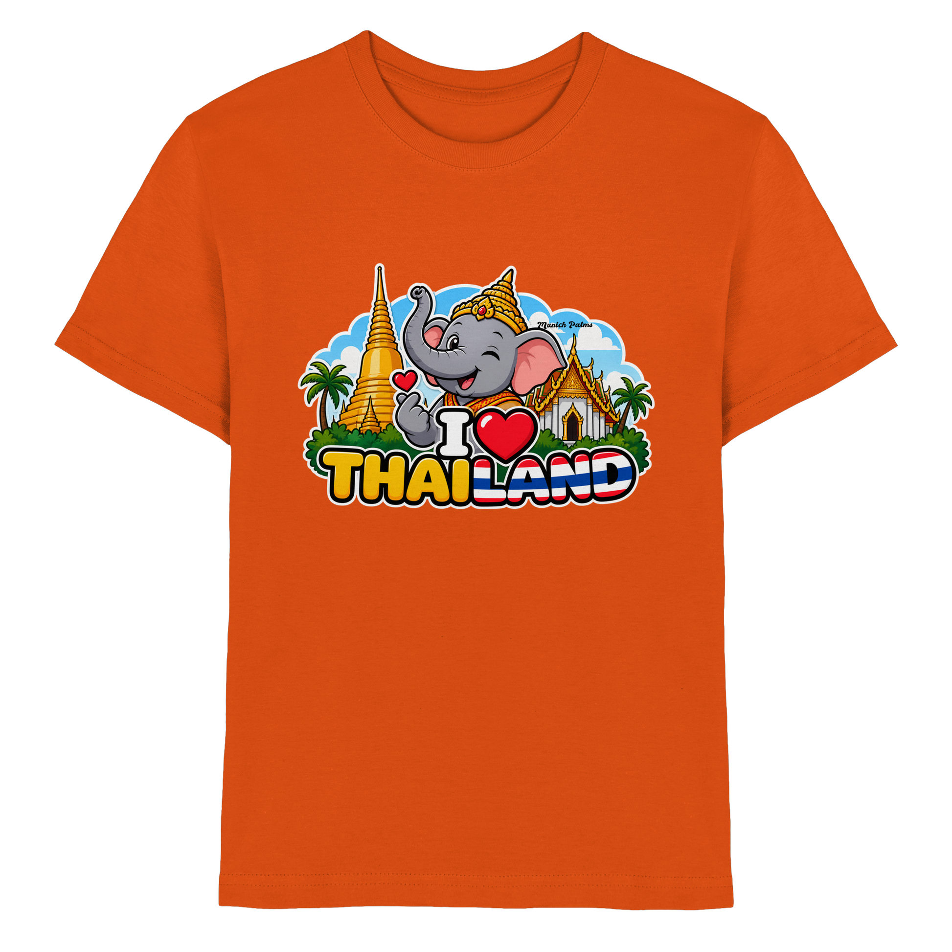 Lächelnder Elefanten-Print auf orangefarbenem Kinder-Premium-Shirt mit Thailand-Design, von Online Kaufhaus München