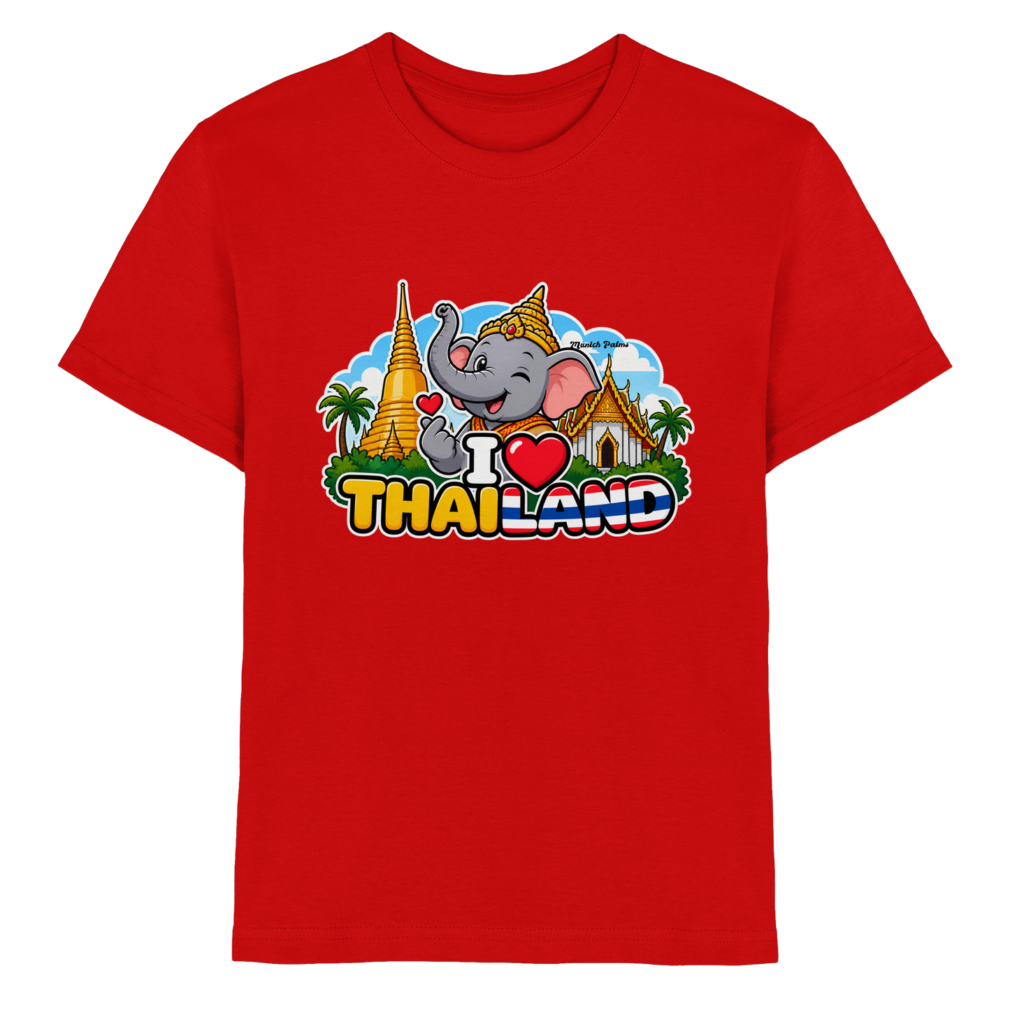 Lächelnder Elefanten-Print auf rotem Kinder Premium-Shirt im Munich Palms Design, langlebig und bequem für Babys und Kinder.