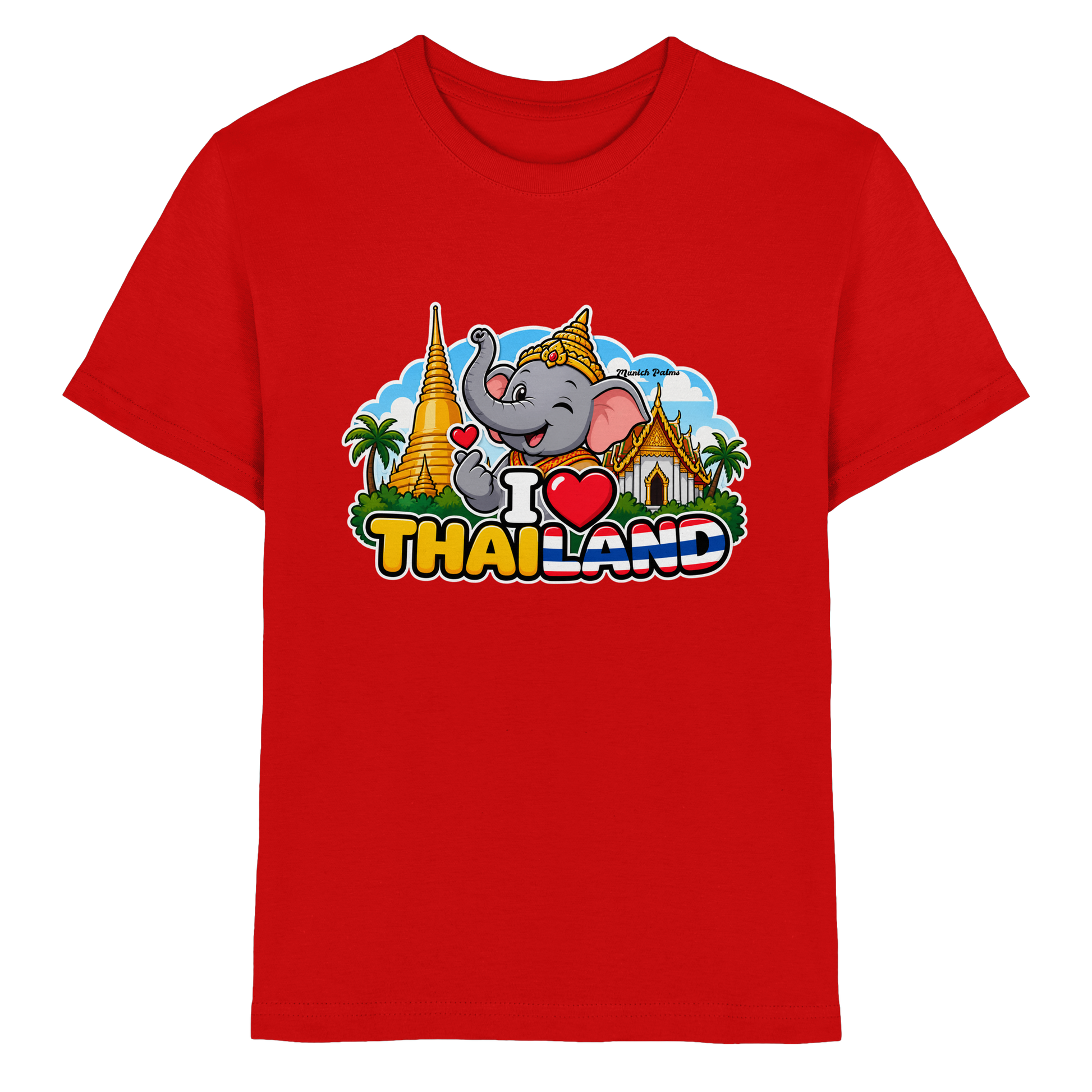 Lächelnder Elefanten-Print auf rotem Kinder Premium-Shirt im Munich Palms Design, langlebig und bequem für Babys und Kinder.