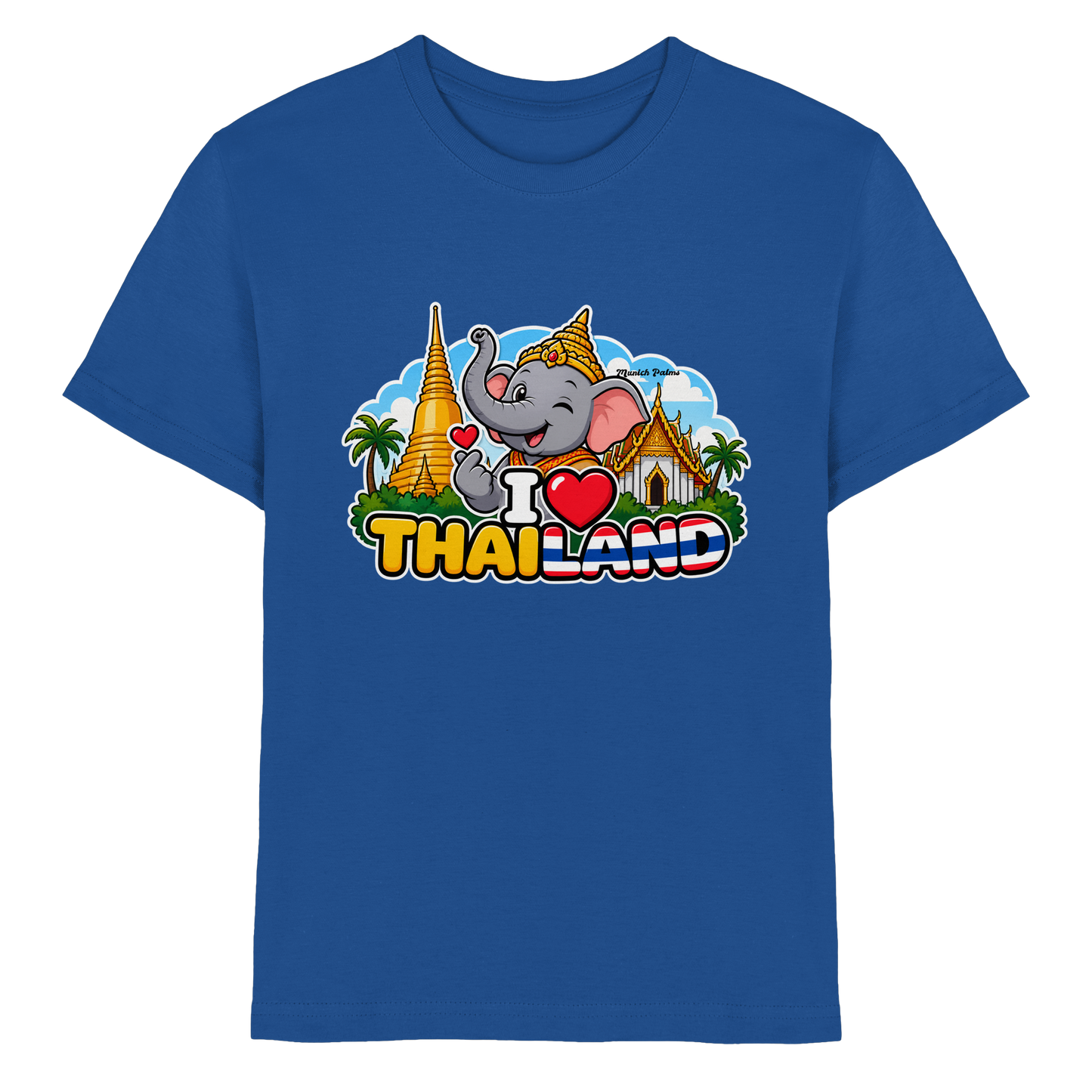 Lächelnder Elefant auf königsblauem Kinder Premium Shirt mit I Love Thailand Design, München Palmen, kindgerechtes Shirt