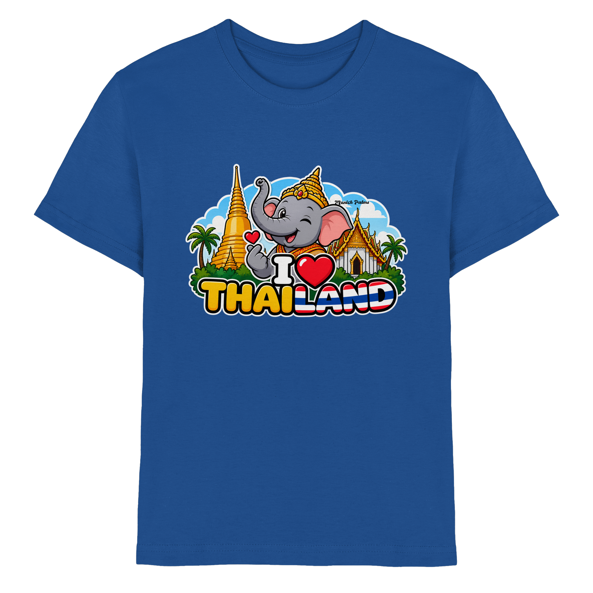 Lächelnder Elefant auf königsblauem Kinder Premium Shirt mit I Love Thailand Design, München Palmen, kindgerechtes Shirt