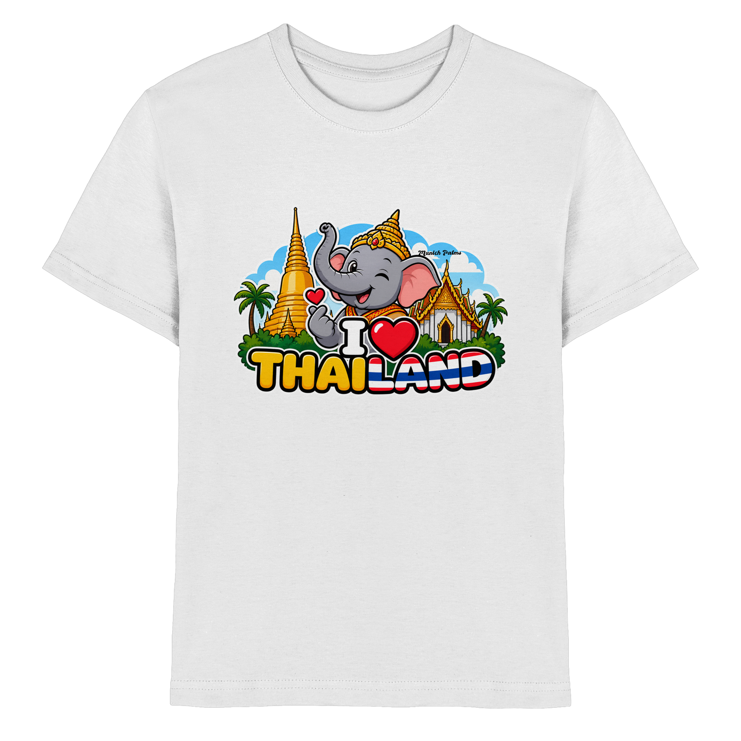 Lächelnder Elefant auf weißem Kinder Premium-Shirt mit Thailand-Motiv, exklusives Munich Palms Design für Kinder und Babys