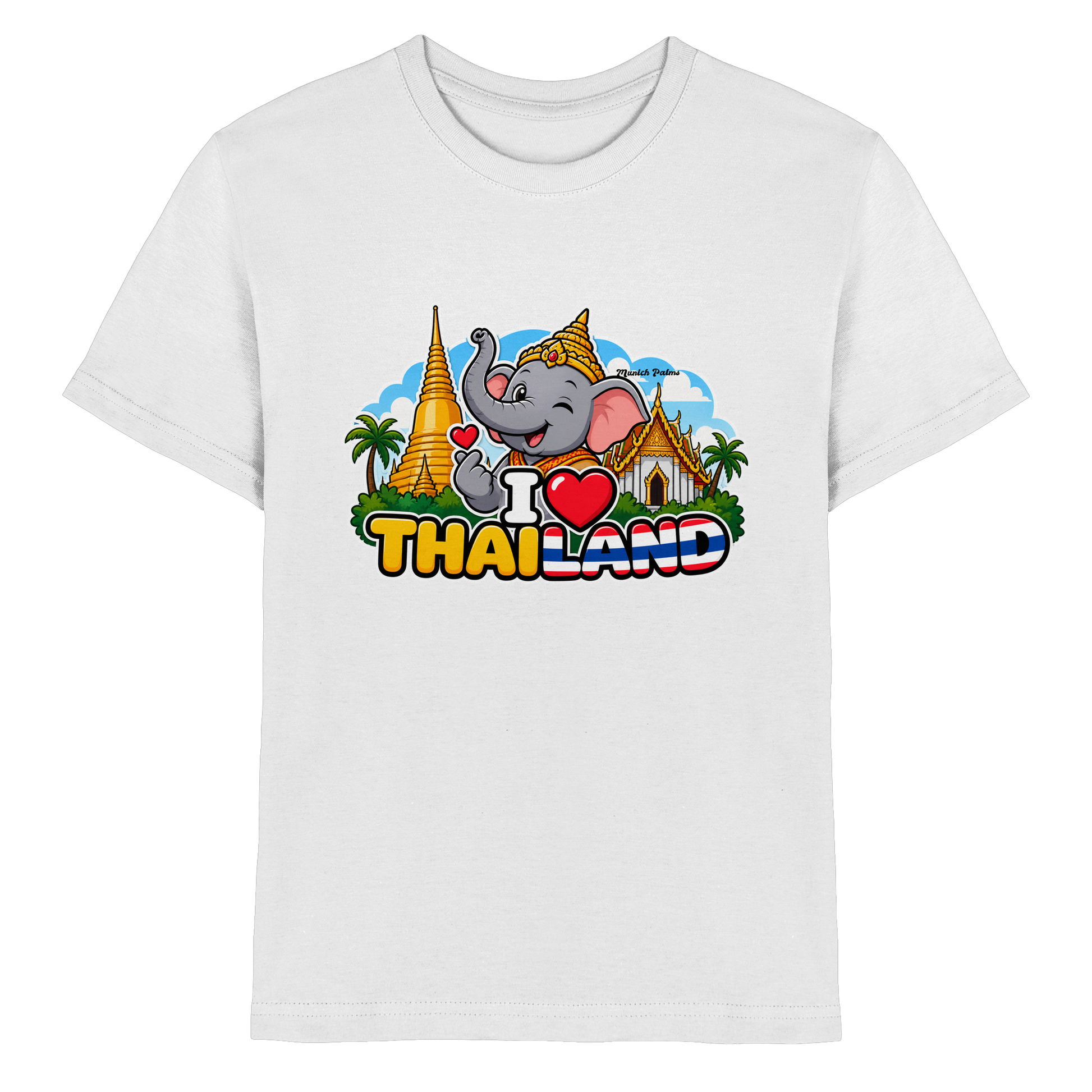 Lächelnder Elefant auf weißem Kinder Premium-Shirt mit Thailand-Motiv, exklusives Munich Palms Design für Kinder und Babys