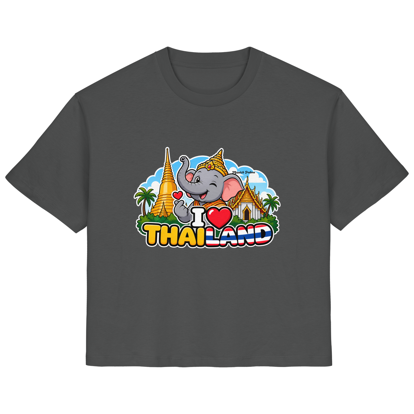 Lächelnder Elefant auf anthrazitfarbenem Damen-Organic-Shirt in Munich Palms Design, mit "I Love Thailand" Aufdruck.