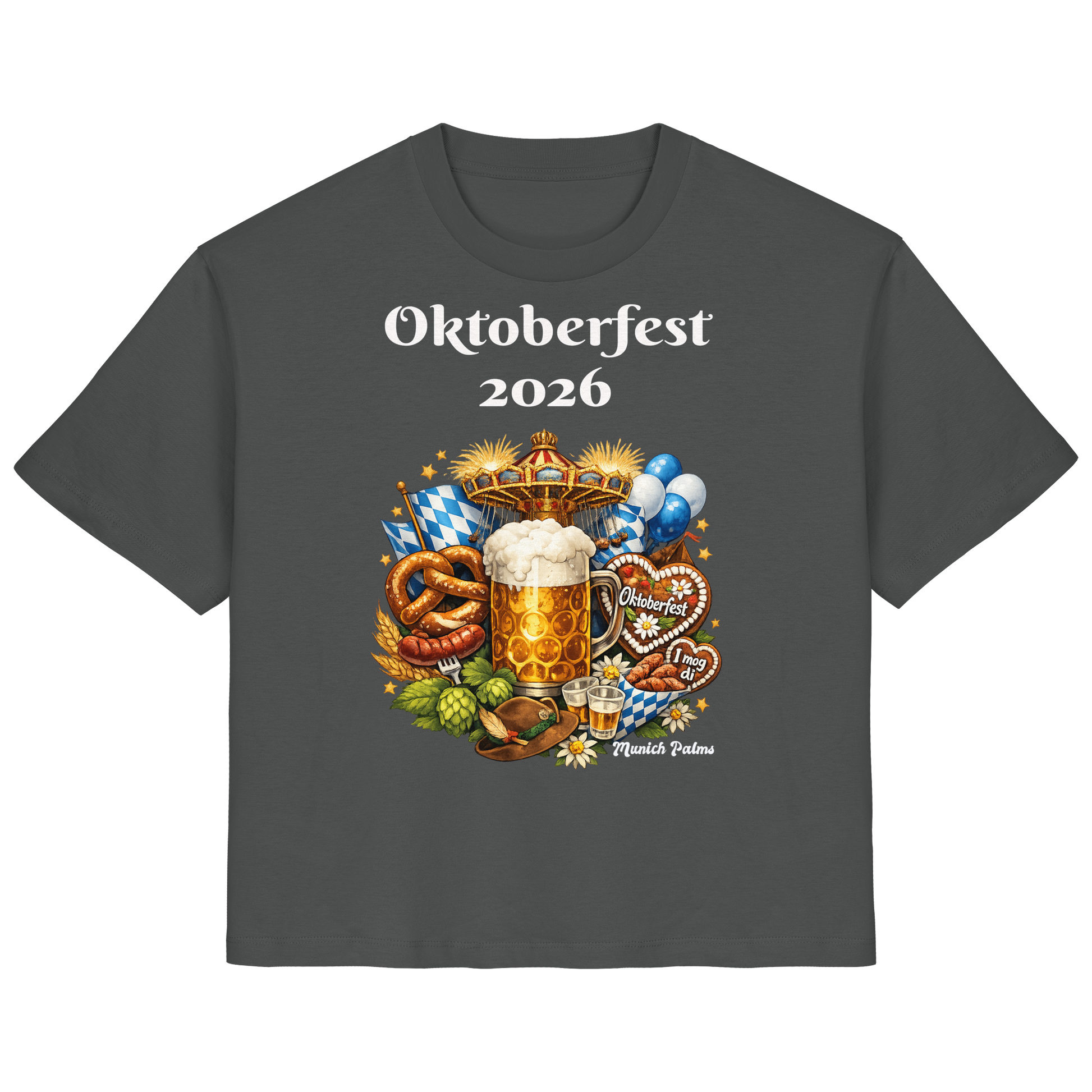 Damen-Organic-Shirt mit Oktoberfest 2026 München Design, anthrazit, Vorderansicht, bequemes Lady-Shirt von Online Kaufhaus München