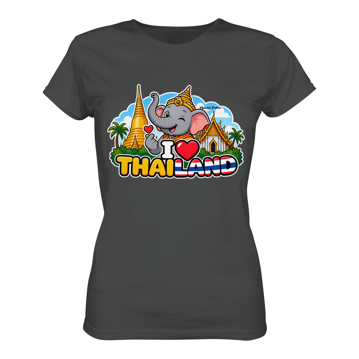 Lächelnder Elefant auf anthrazitfarbenem Damen-Organic-Shirt mit Thailand-Motiv, exklusives Munich Palms Design, Damen-T-Shirt