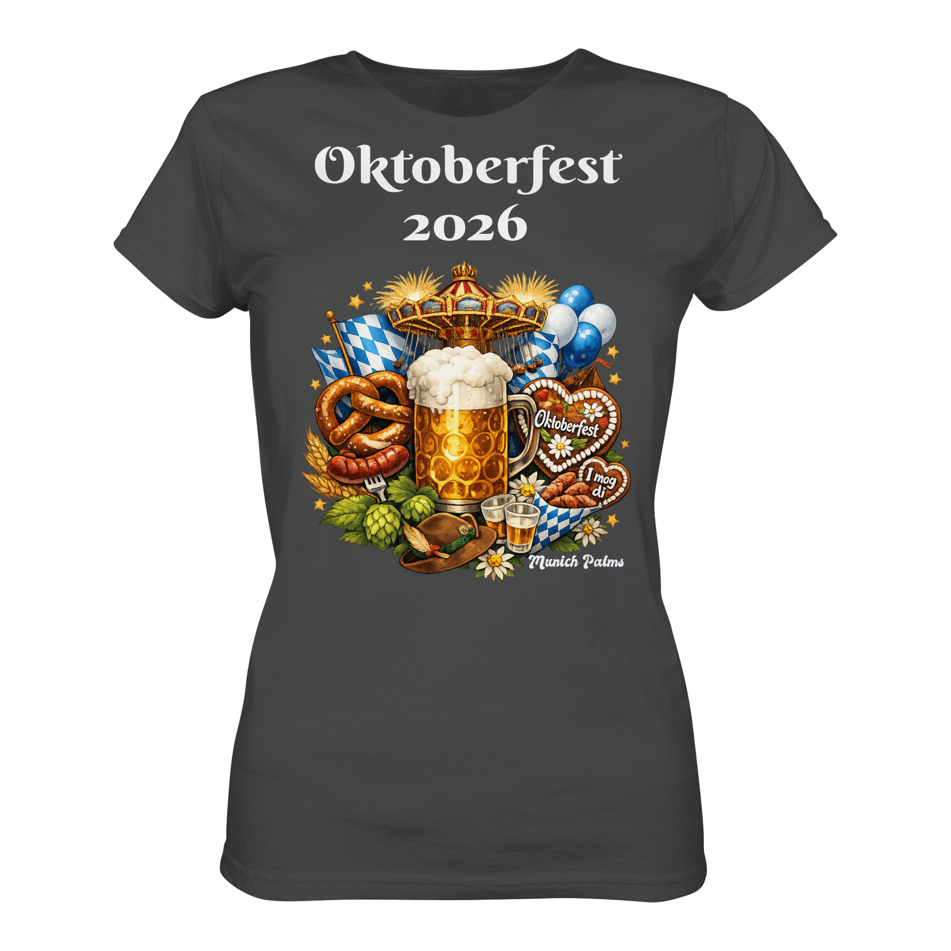 Damen-Organic-Shirt mit Oktoberfest 2026 München Design, anthrazitfarben, Vorderansicht, bequemes Lady-Shirt von Online Kaufhaus München