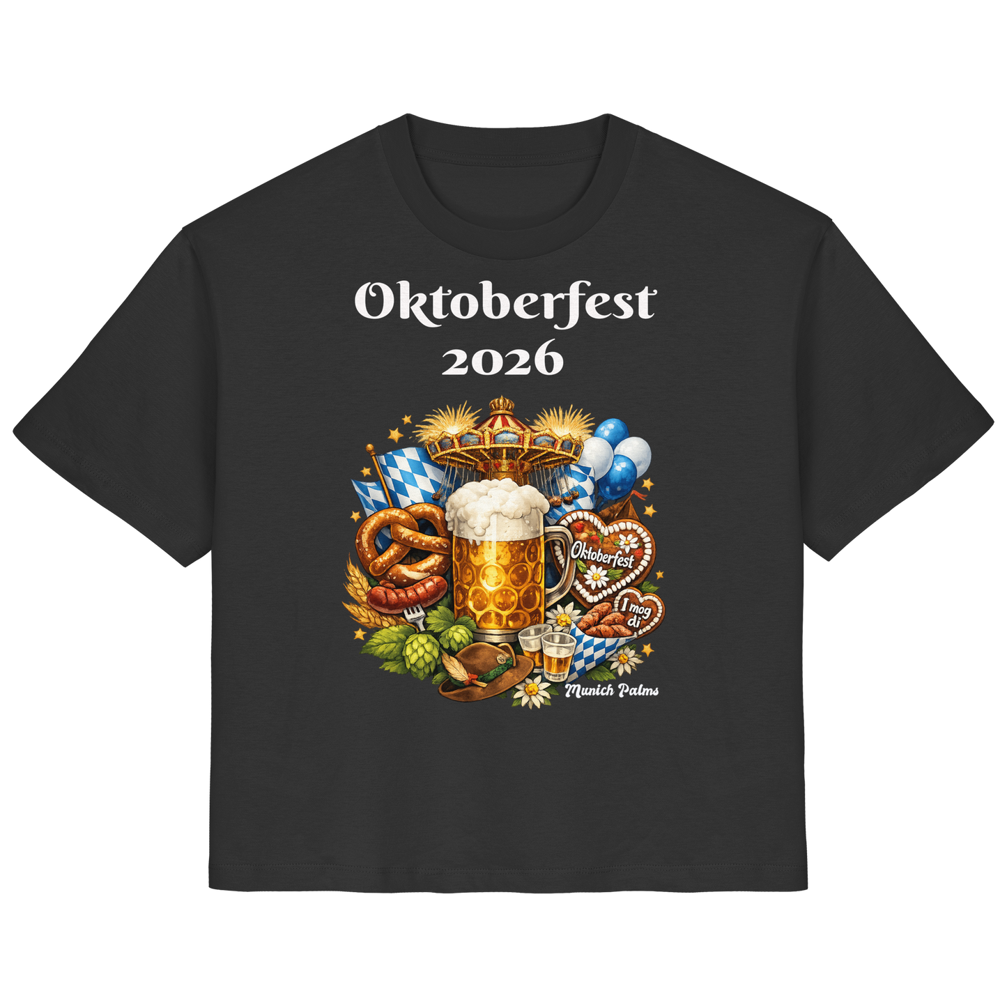 Damen-Organik-Shirt mit Oktoberfest 2026 München Design, schwarzes Lady-Shirt, Vorderansicht, bequemes Damen-Shirt, Online Kaufhaus München