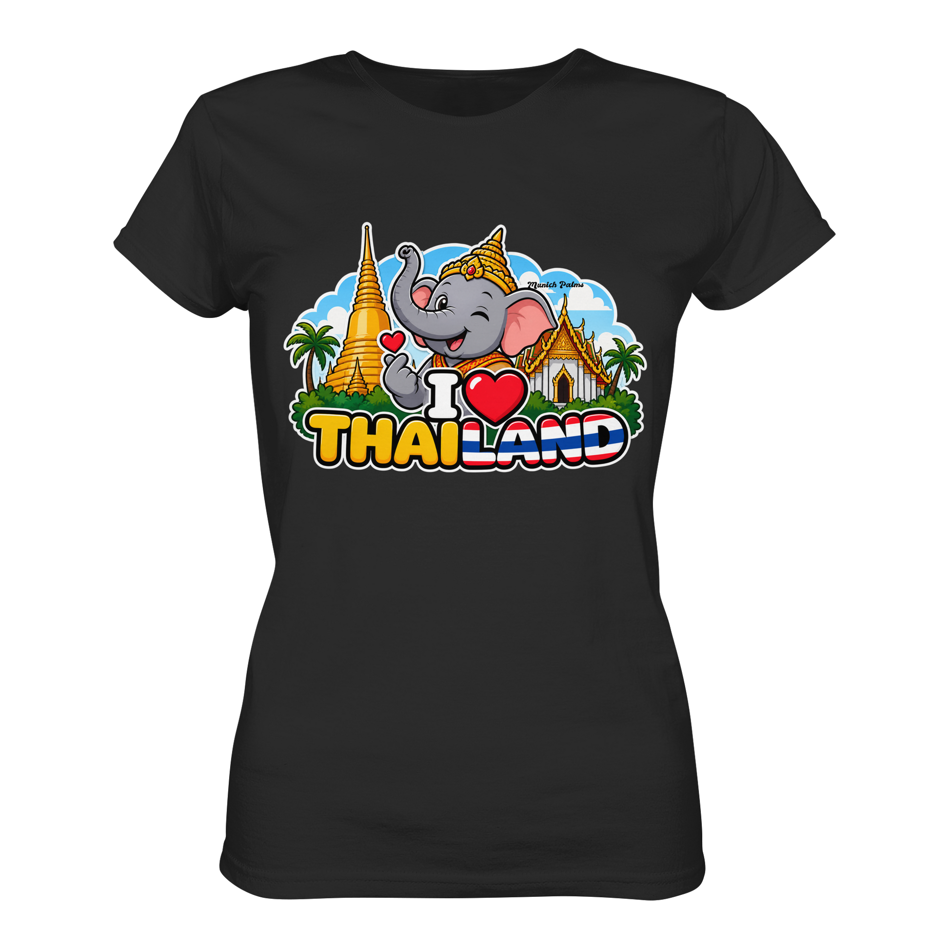 Lächelnder Elefant auf schwarzem Damen-Organic-Shirt mit Thailand-Design, Munich Palms, von Online Kaufhaus München.