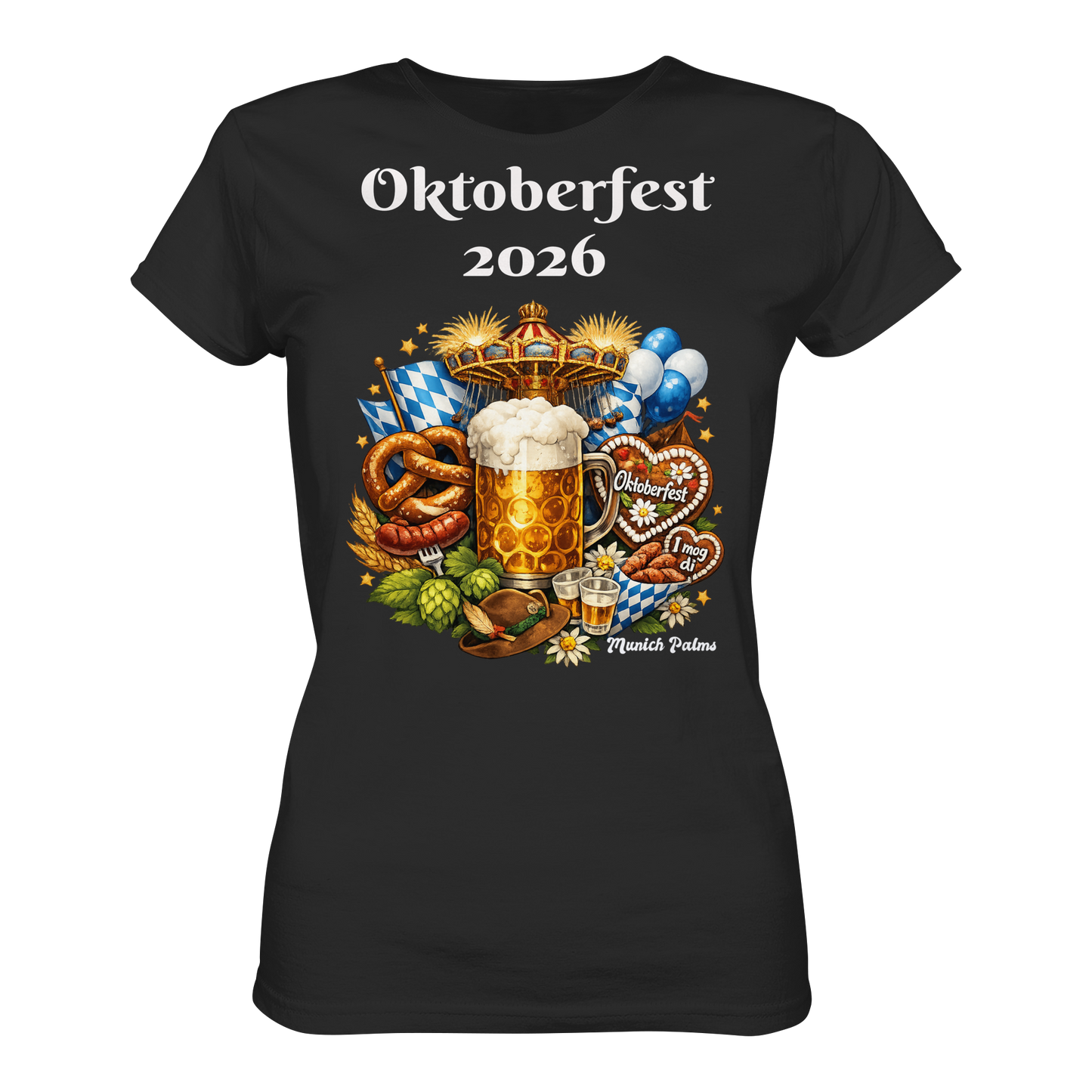 Damen-Organisches Oktoberfest 2026 München T-Shirt, schwarzes Lady-Shirt mit Design, Frontansicht, Online Kaufhaus München.