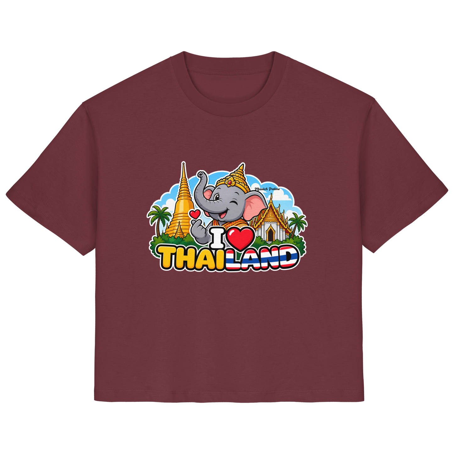Lächelnder Elefanten-Print auf burgunderfarbenem Damen-Organic-Shirt mit Thailand-Design, von Online Kaufhaus München.