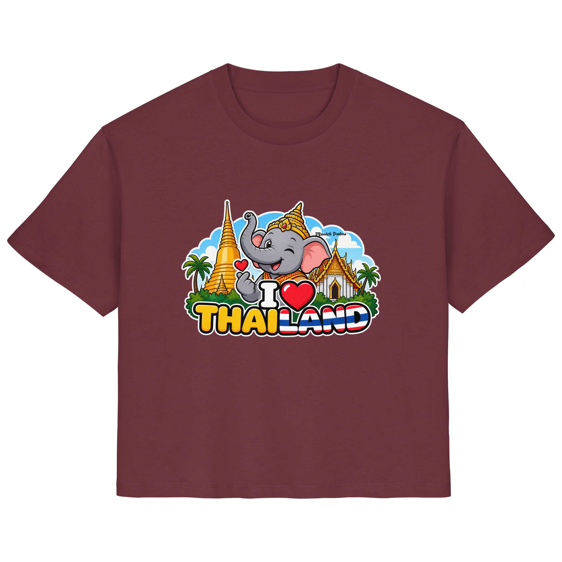 Lächelnder Elefanten-Print auf burgunderfarbenem Damen-Organic-Shirt mit Thailand-Design, von Online Kaufhaus München.