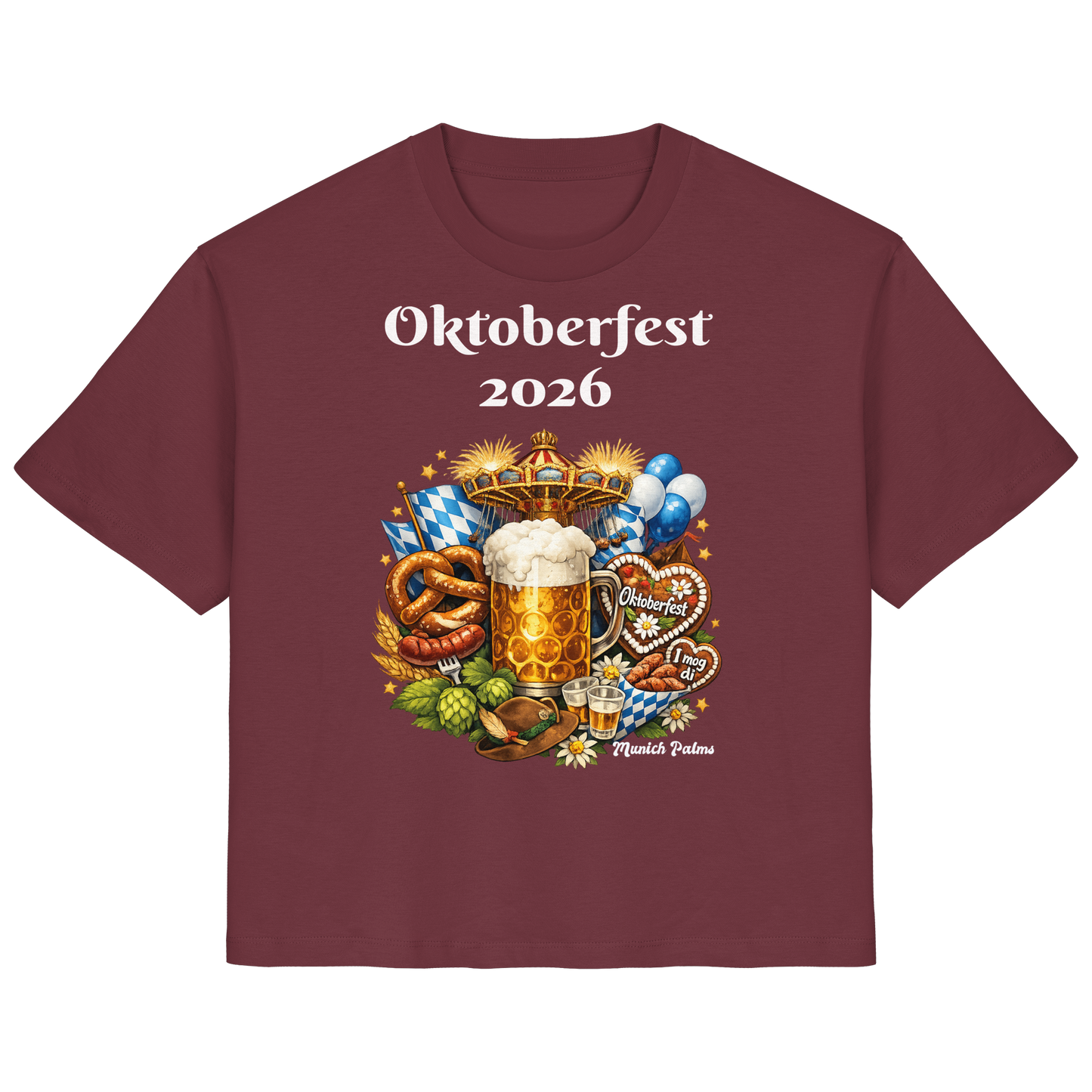 Damen-Organisches Shirt mit Oktoberfest 2026 München Design, burgunderfarben, Vorderansicht, von Online Kaufhaus München