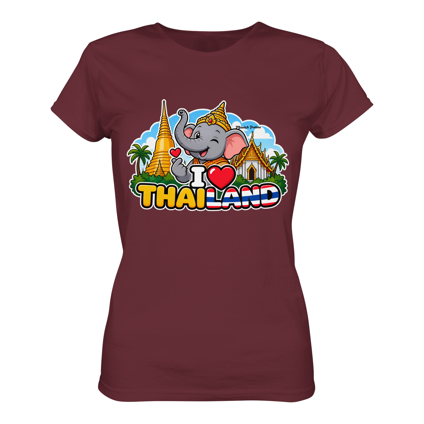 Lächelnder Elefant auf burgunderfarbenem Damen-Organic-Shirt mit Thailand-Motiv im exklusiven Munich Palms Design.