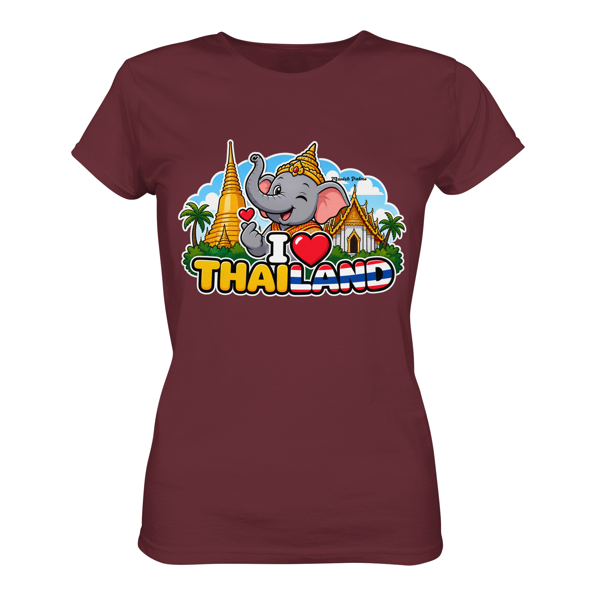 Lächelnder Elefant auf burgunderfarbenem Damen-Organic-Shirt mit Thailand-Motiv im exklusiven Munich Palms Design.