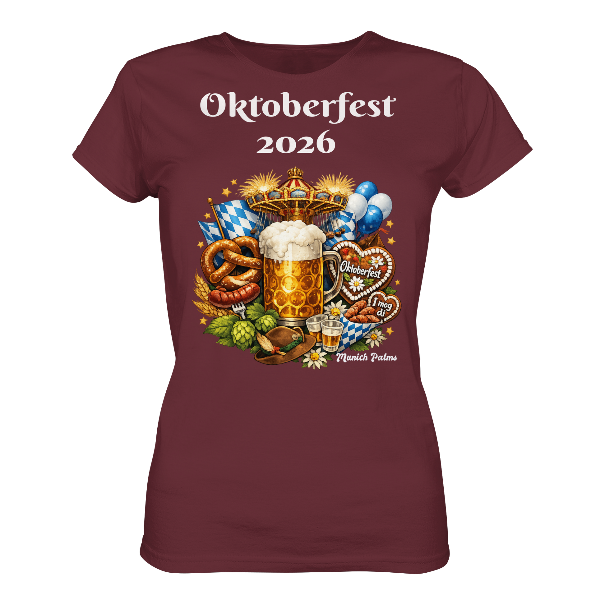 Damen-Organic-Shirt im Oktoberfest 2026 München Design, burgundfarben, Vorderseite, bequem und nachhaltig, von Online Kaufhaus München