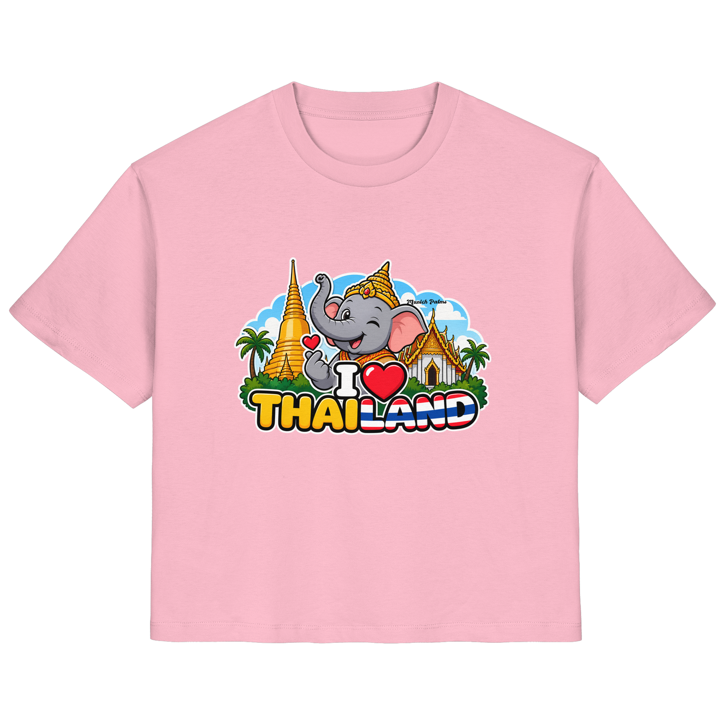 Lächelnder Elefant auf pinkem Damen-Organic-Shirt mit Thailand-Design, frontale Ansicht, Baumwollstoff, Munich Palms Stil
