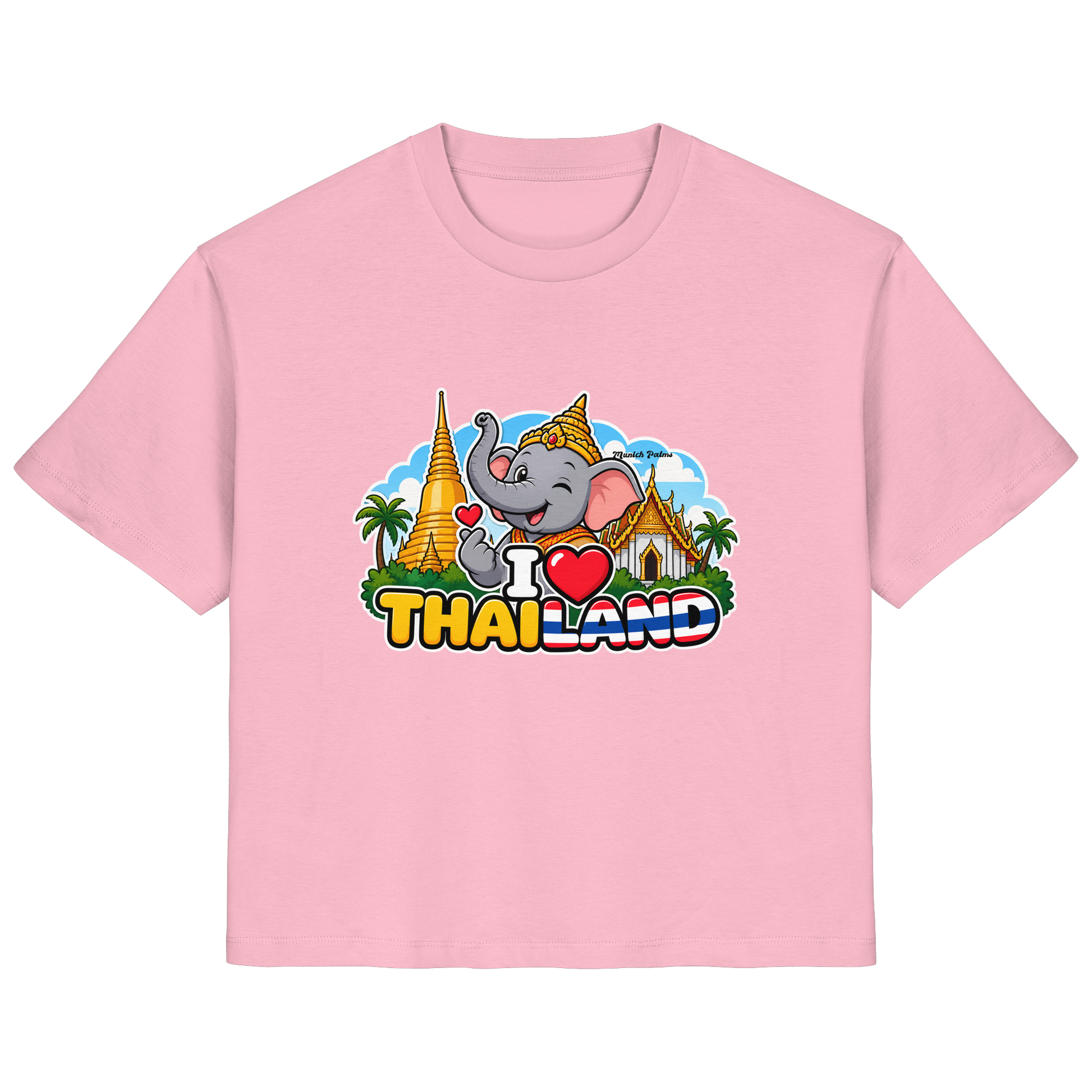 Lächelnder Elefant auf pinkem Damen-Organic-Shirt mit Thailand-Design, frontale Ansicht, Baumwollstoff, Munich Palms Stil