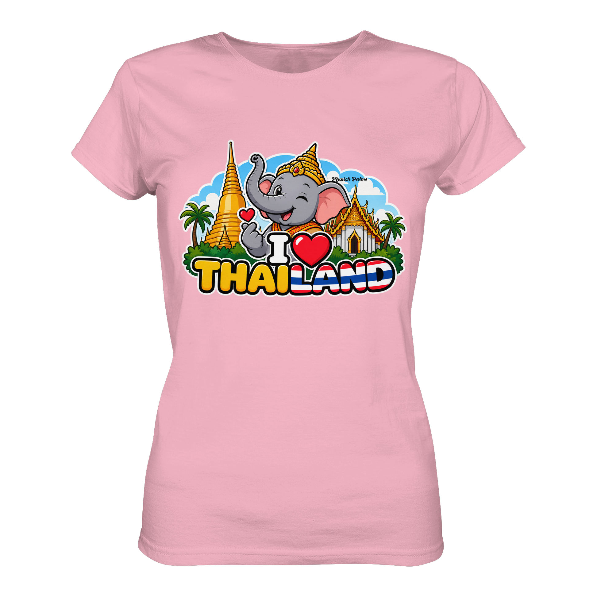 Lächelnder Elefant auf pinkem Damen-Organic-Shirt mit Thailand-Motiv, Munich Palms Design, bequemes Lady-Shirt aus Bio-Baumwolle