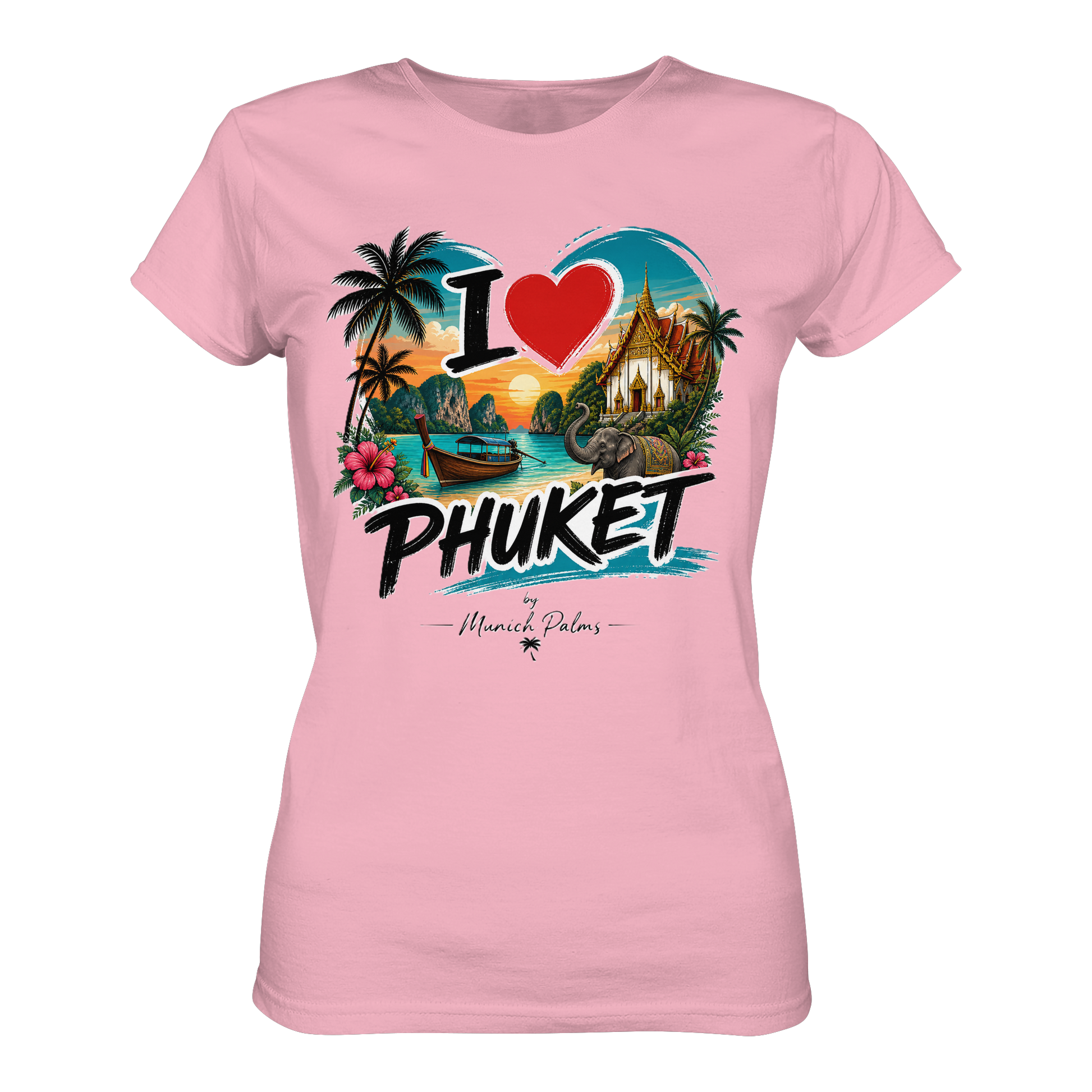 Hübsches pinkes Damen-Shirt mit "I love Phuket" Aufdruck, aus Bio-Baumwolle, Damen-Mode von Online Kaufhaus München.