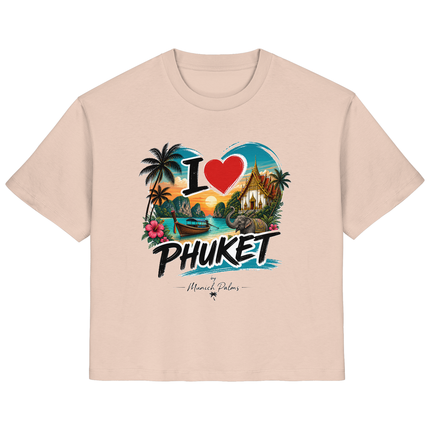 Weißes Damen-Organik-Shirt mit "I love Phuket" Aufdruck, kurze Ärmel, bequemer Schnitt, frische Pfirsichfarbe.