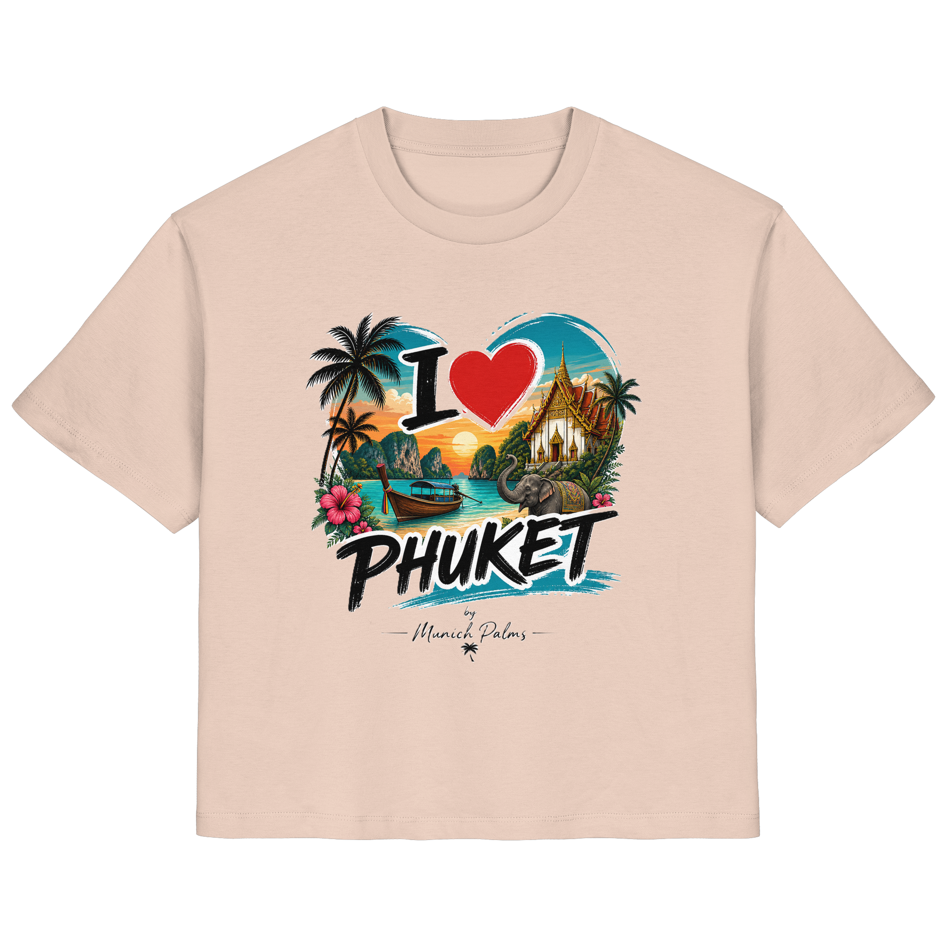 Weißes Damen-Organik-Shirt mit "I love Phuket" Aufdruck, kurze Ärmel, bequemer Schnitt, frische Pfirsichfarbe.