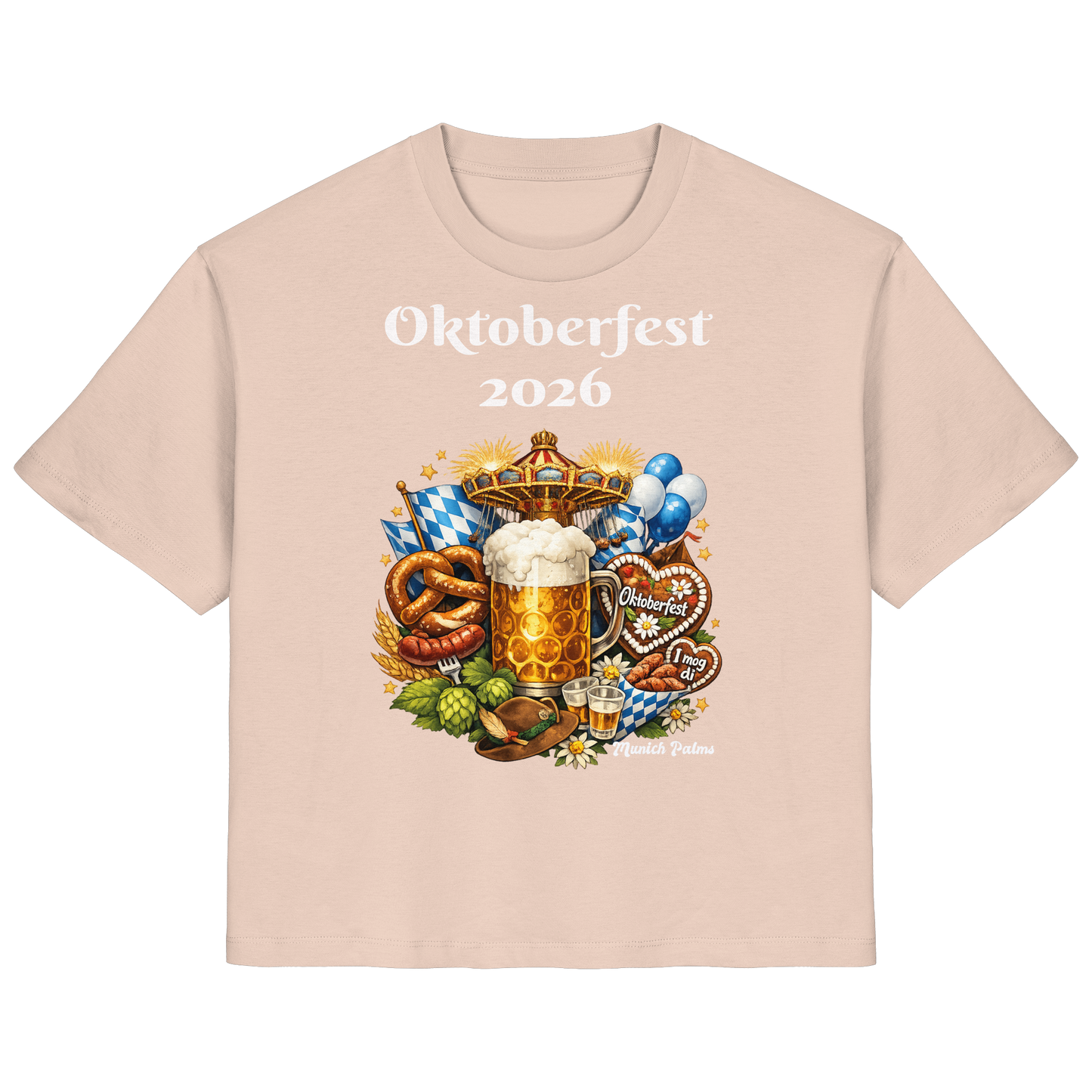 Ladies Organic Shirt mit Oktoberfest 2026 München Design, Vorderansicht, bequeme Damen-Tunika in frischer Pfirsichfarbe