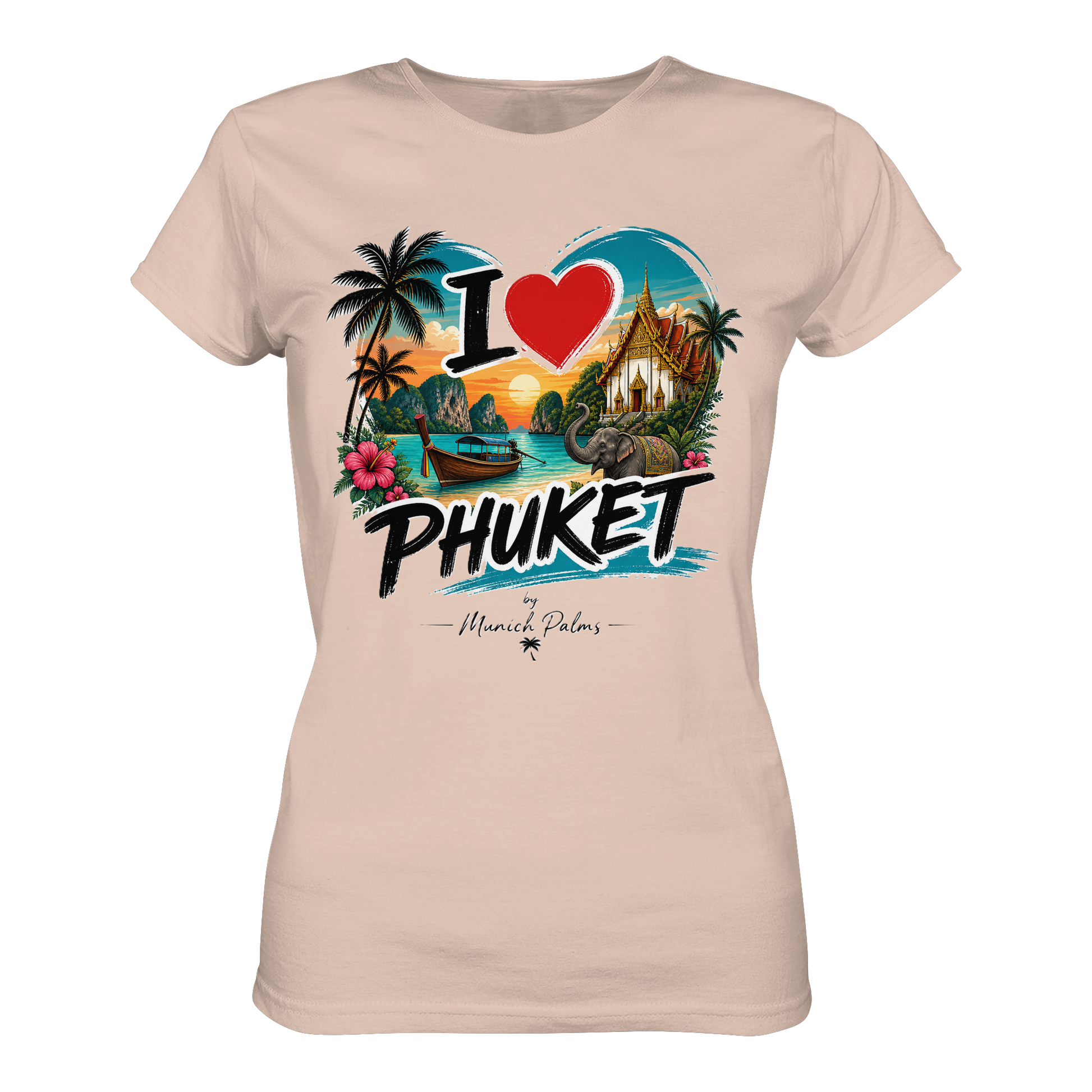 Herren-Organisches T-Shirt mit "I Love Phuket" Aufdruck, Damen-Shirt, frisches Pfirsichfarbenes Design, Frontansicht