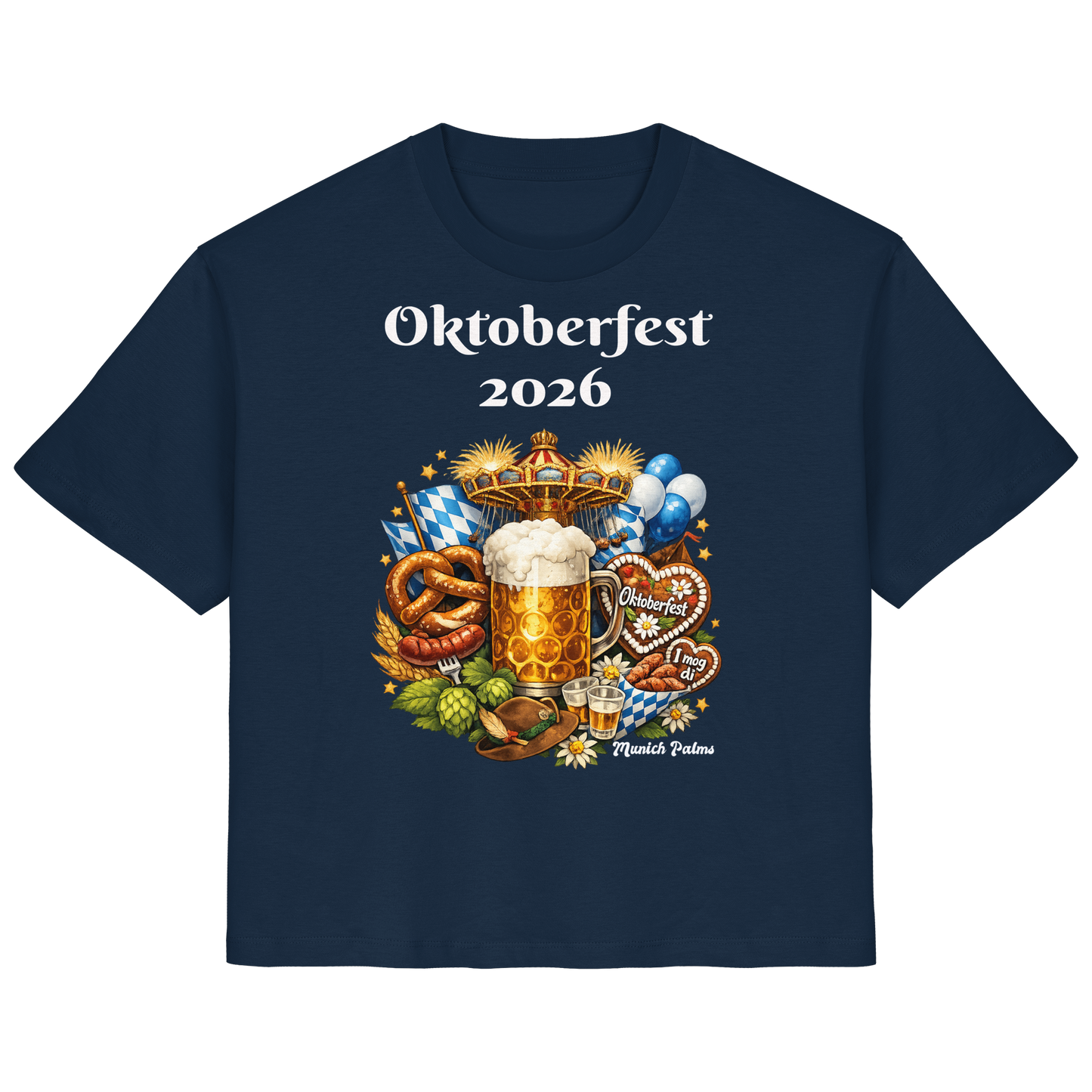 Damen-Organisches T-Shirt mit Oktoberfest 2026 München Design, French Navy, vorneansicht, bequem und stilvoll für Damen.