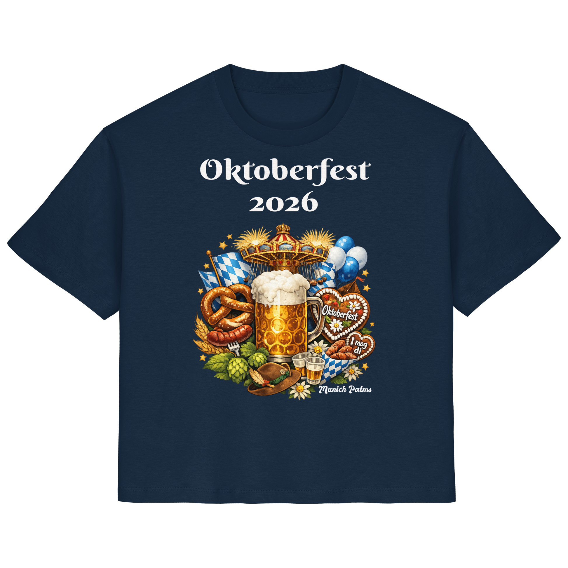 Damen-Organisches T-Shirt mit Oktoberfest 2026 München Design, French Navy, vorneansicht, bequem und stilvoll für Damen.