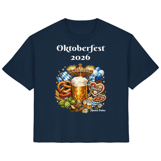 Damen-Organisches T-Shirt mit Oktoberfest 2026 München Design, French Navy, vorneansicht, bequem und stilvoll für Damen.