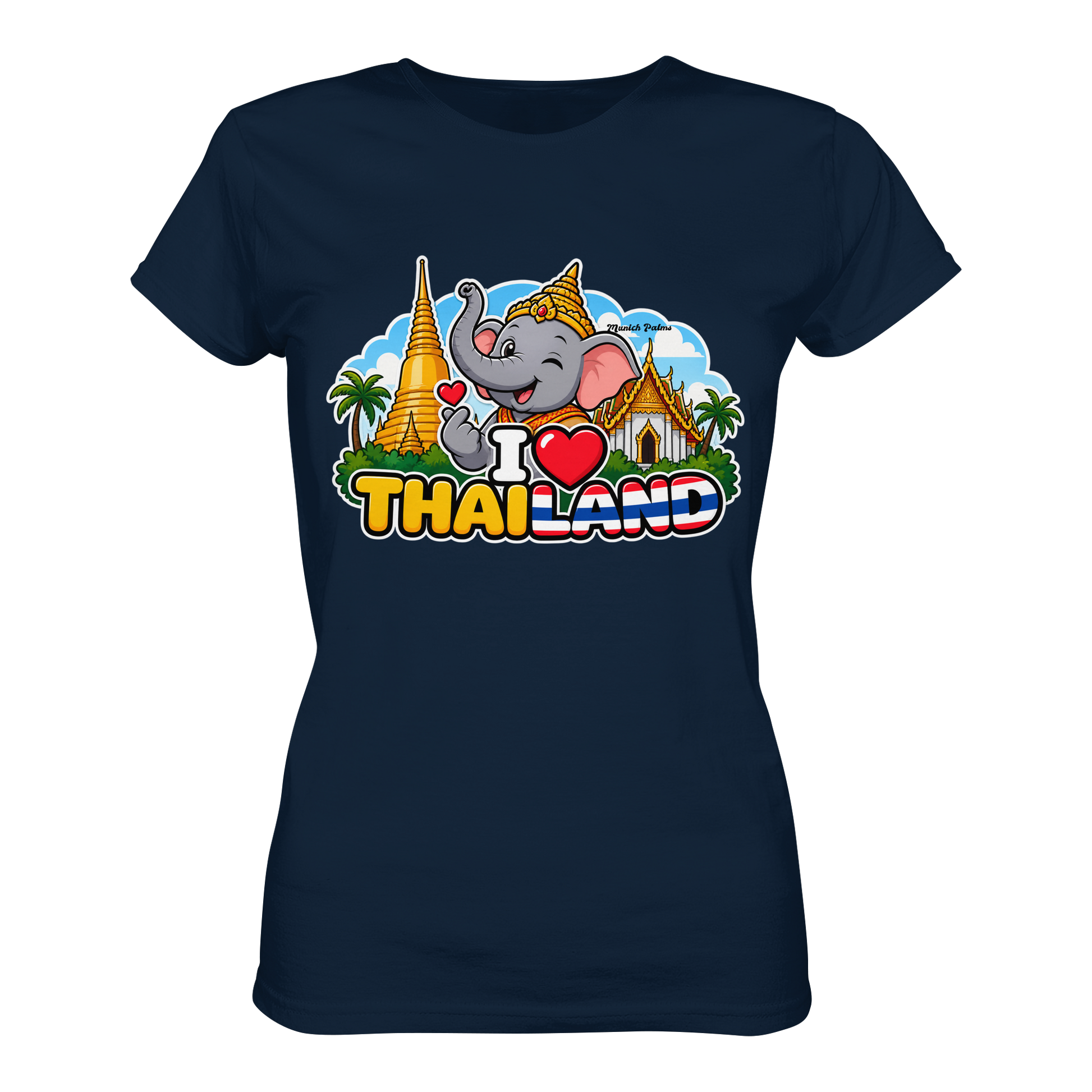 Lächelnder Elefant auf dunklem Damen-Organic-Shirt mit Thai-Design, frontale Ansicht, Munich Palms Stil, bequemes Damen-Shirt