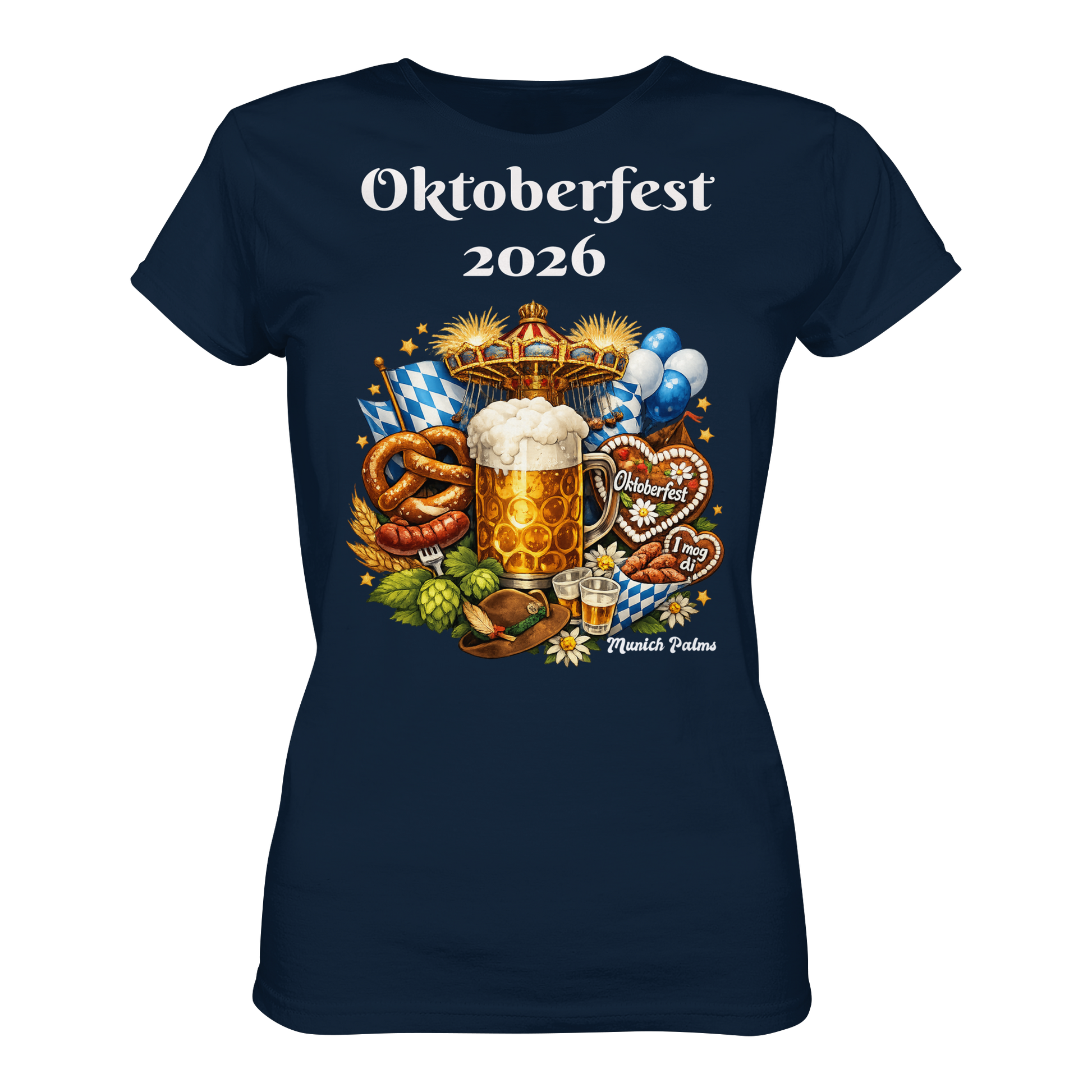 Damen-Organic-Shirt mit Oktoberfest 2026 München Design, französisch navy, vorneansicht, bequemes Damen-T-Shirt