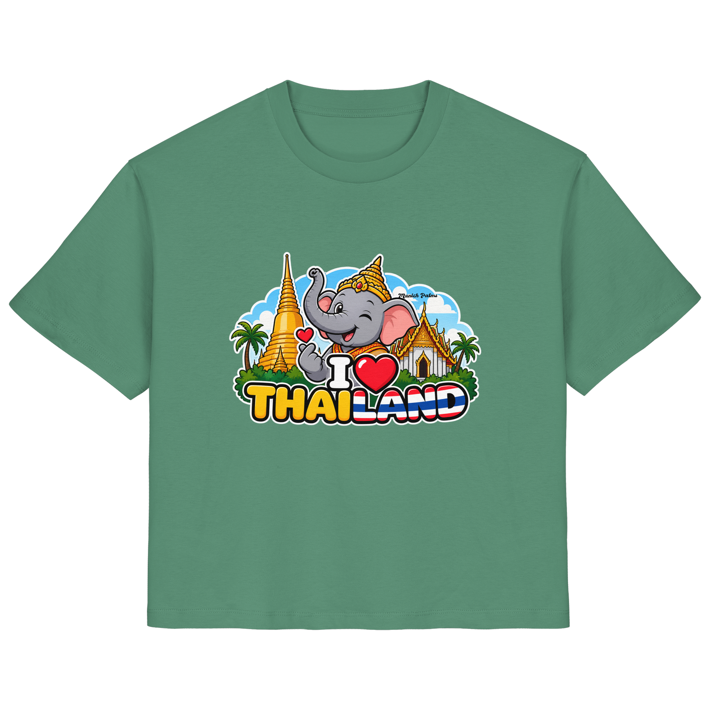 Lächelnder Elefanten-Print auf grünes Damen-Organik-Shirt mit Thailand-Motiv, exklusives Munich Palms Design, Frontansicht