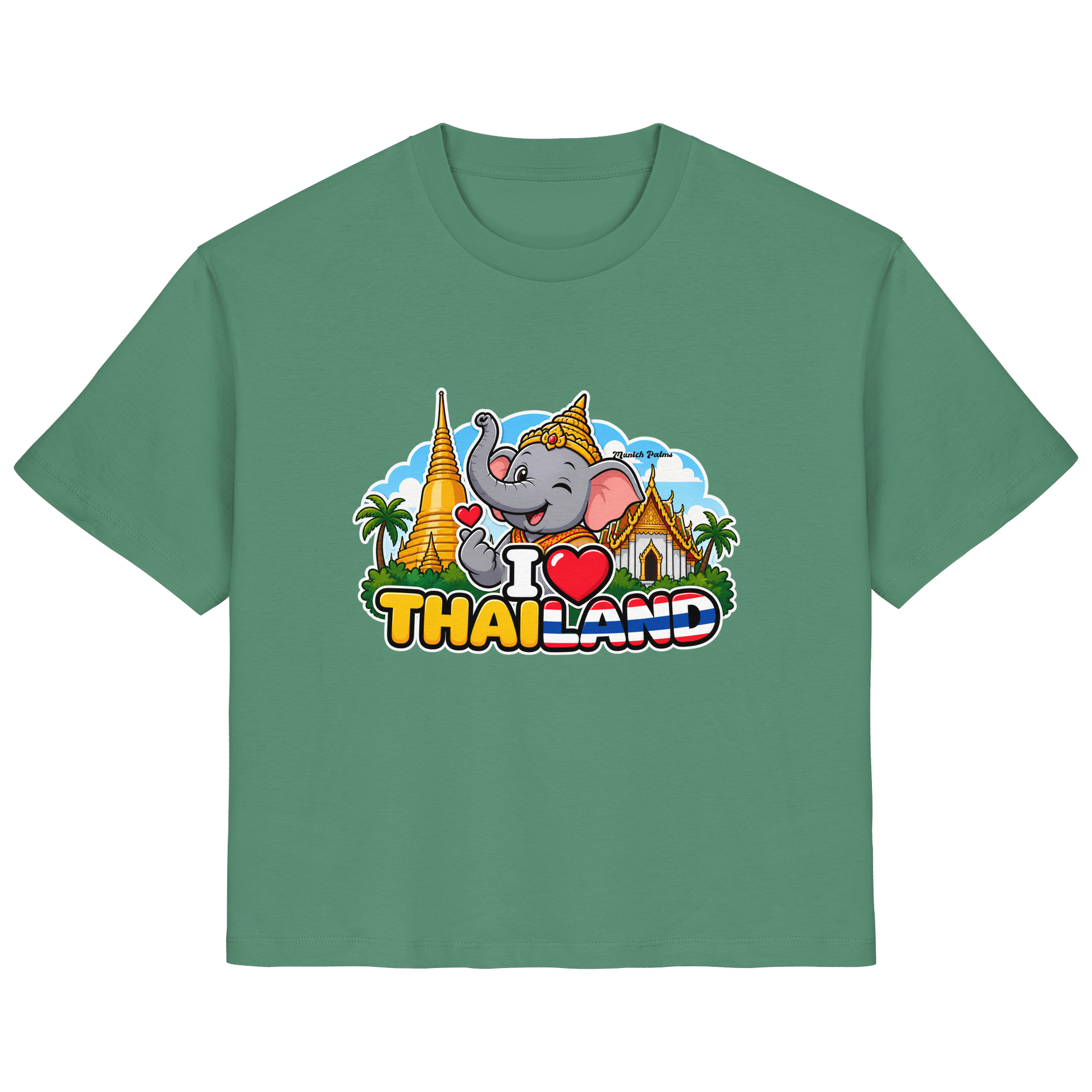 Lächelnder Elefanten-Print auf grünes Damen-Organik-Shirt mit Thailand-Motiv, exklusives Munich Palms Design, Frontansicht