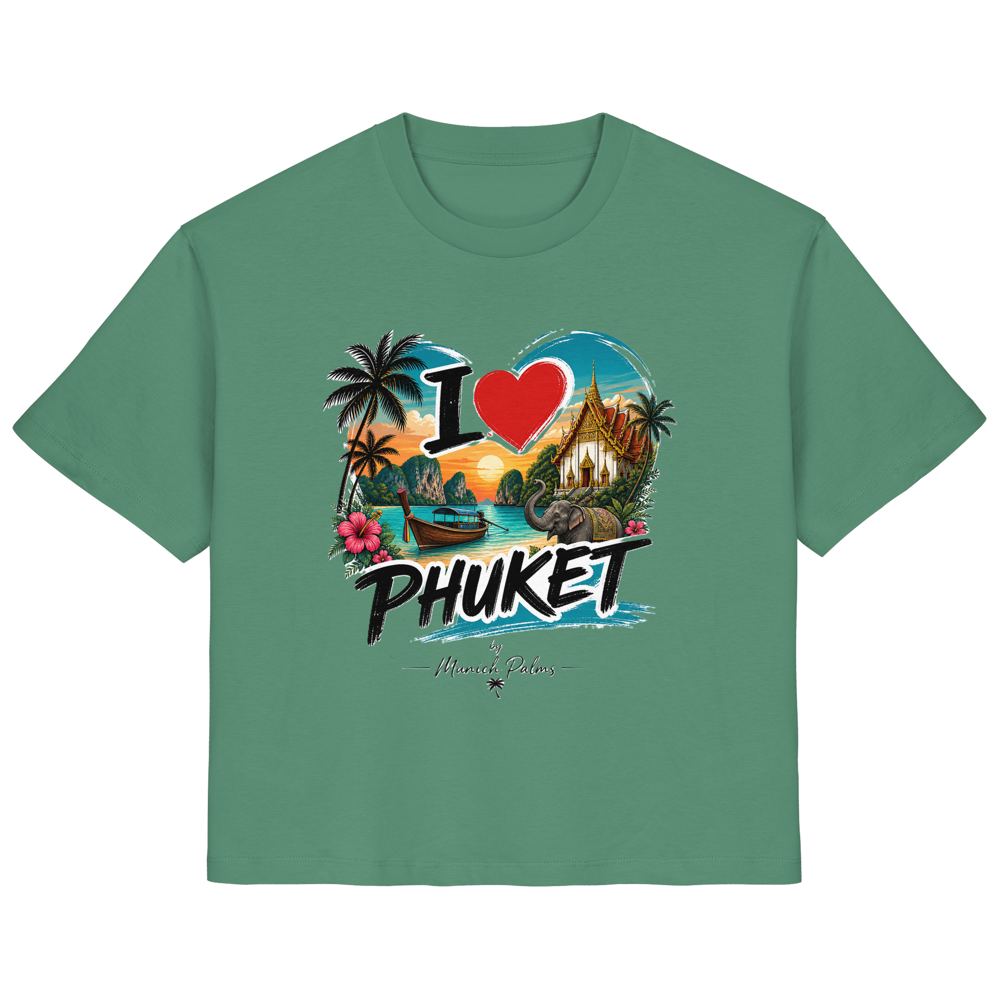 Grüne Damen-Organic-Shirt mit "I love Phuket"-Print, vorneansichtig, bequemes Damen-Shirt aus Bio-Baumwolle