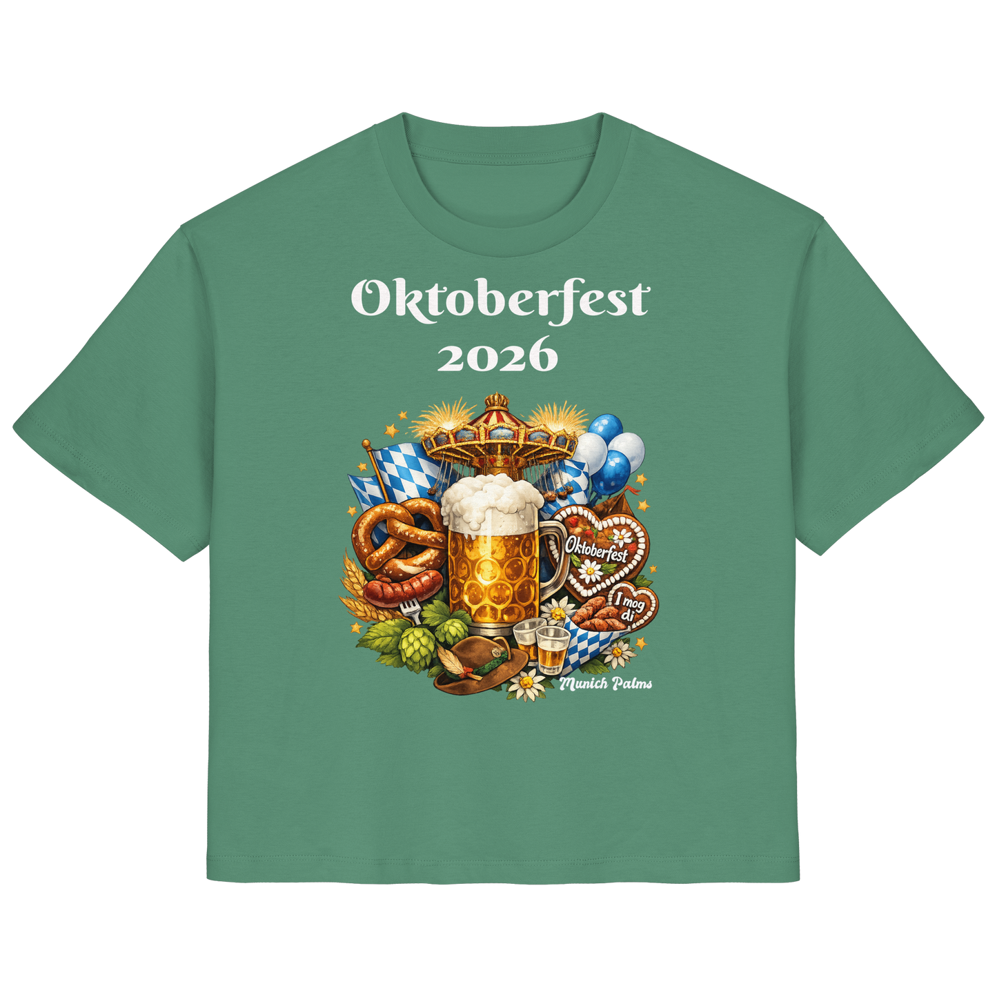 Grünes Damen-Organik-Shirt mit Oktoberfest 2026 München Design, Frontansicht, bequemes Lady-Shirt von Online Kaufhaus München