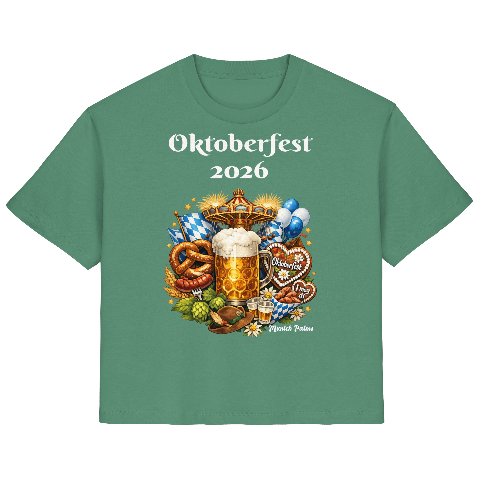 Grünes Damen-Organik-Shirt mit Oktoberfest 2026 München Design, Frontansicht, bequemes Lady-Shirt von Online Kaufhaus München